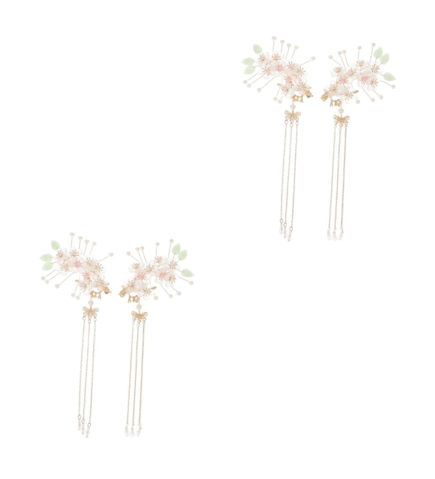 minkissy 2 Pairs Costume pearl hair clip hair accessories headpiece for bride China emerald tassel clip Mosaic vintage long tassels bride Hanfu floral hair clip pearl headgear - Buy Online on GoSupps.com