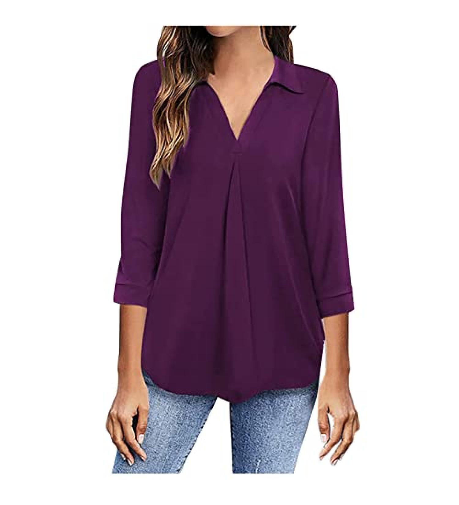 Yck-SAiWed Women's Elegant V Neck 3/4 Sleeve Blouse - Purple, Large | Casual Work Office Solid Color Tunic Top - Buy Online on GoSupps.com