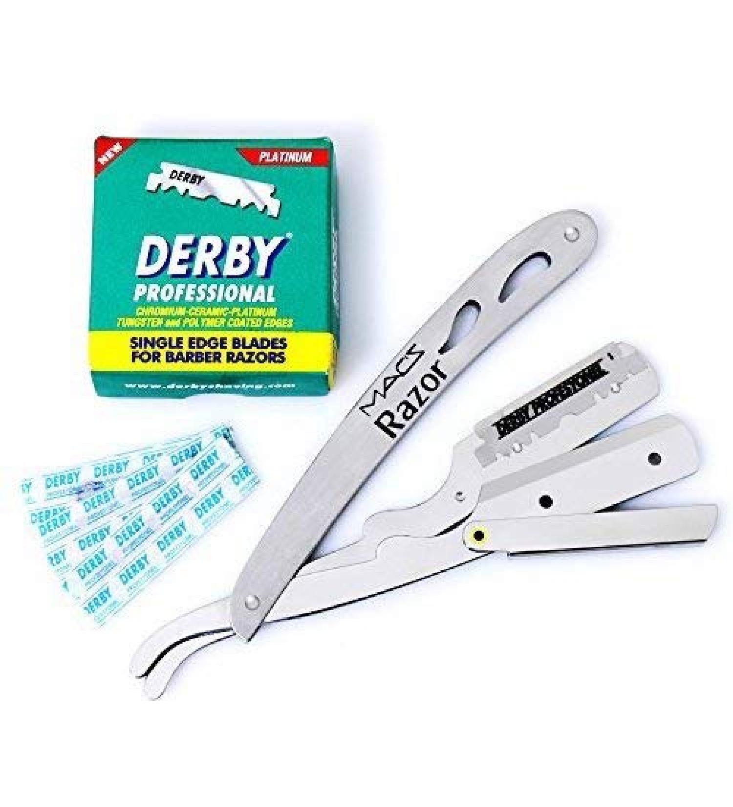 Professional Macs Stainless Steel Barber Straight Edge Safety Razor with Hi-Chromium Derby 100 Blades Made of Stainless Steel Easy To Use -053B1 - Buy Online on GoSupps.com