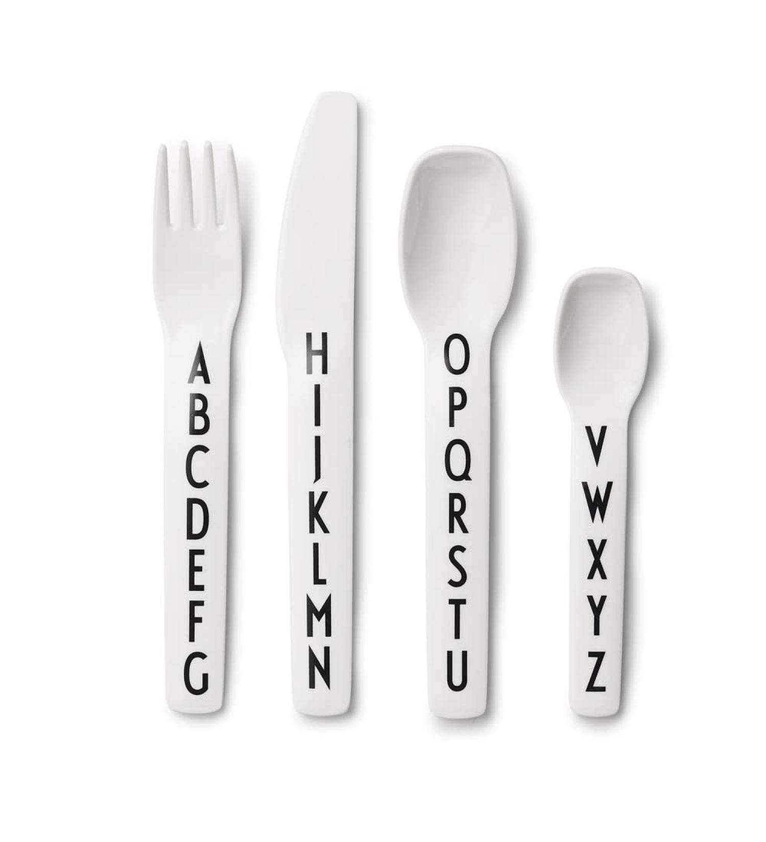 Design Letters Tritan Cutlery for Baby and Kids 4 Pcs. - BPA-Free, BPS-Free, and EA-Free | A-Z Alphabet Print | Drop-Safe & Dishwasher Safe - White Cutlery - Buy Online on GoSupps.com