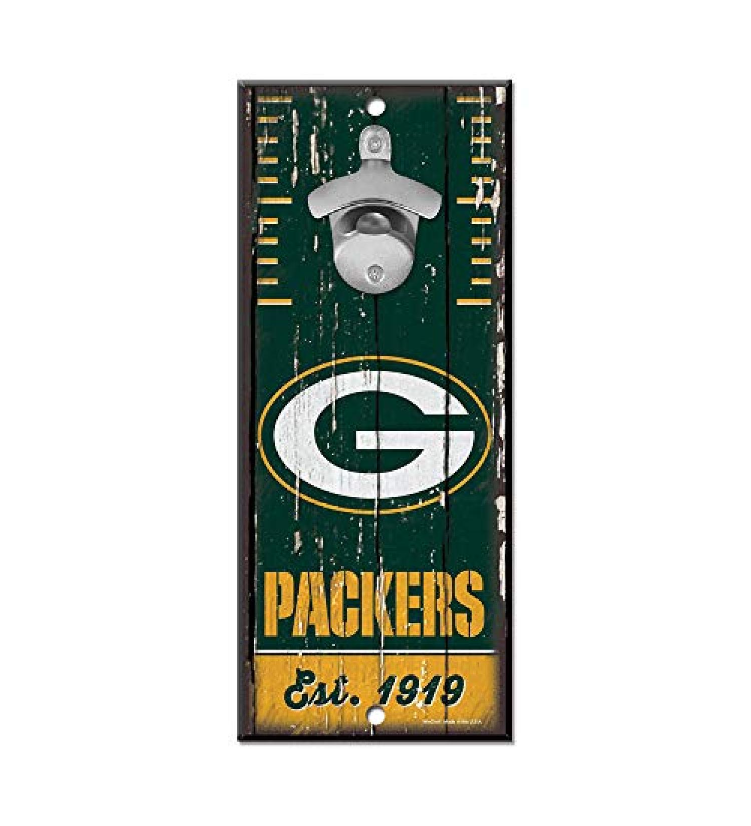 NFL Green Bay Packers 5x11 Wood Sign Bottle Opener, Team Colors, 5"x11"