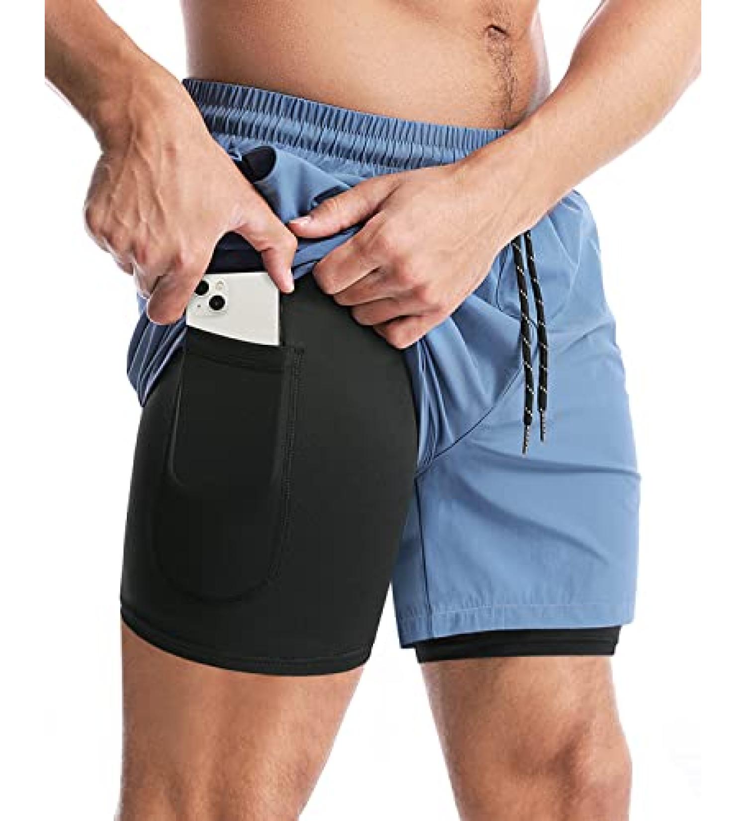 Aolesy Men's 2 in 1 Running Shorts - Quick Dry Gym Athletic Shorts with Pockets - Blue (Medium) - Buy Online on GoSupps.com