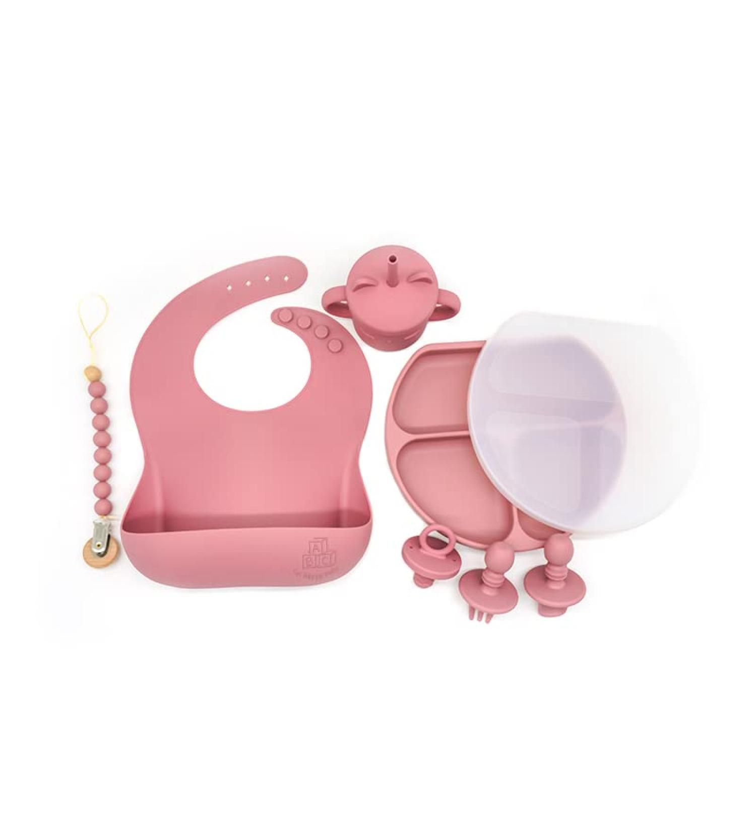 Happy Baby Silicone Feeder Set with Plate, Lid, Cup, Bib, Pacifier, and Teether - Dusty Rose - Buy Online on GoSupps.com