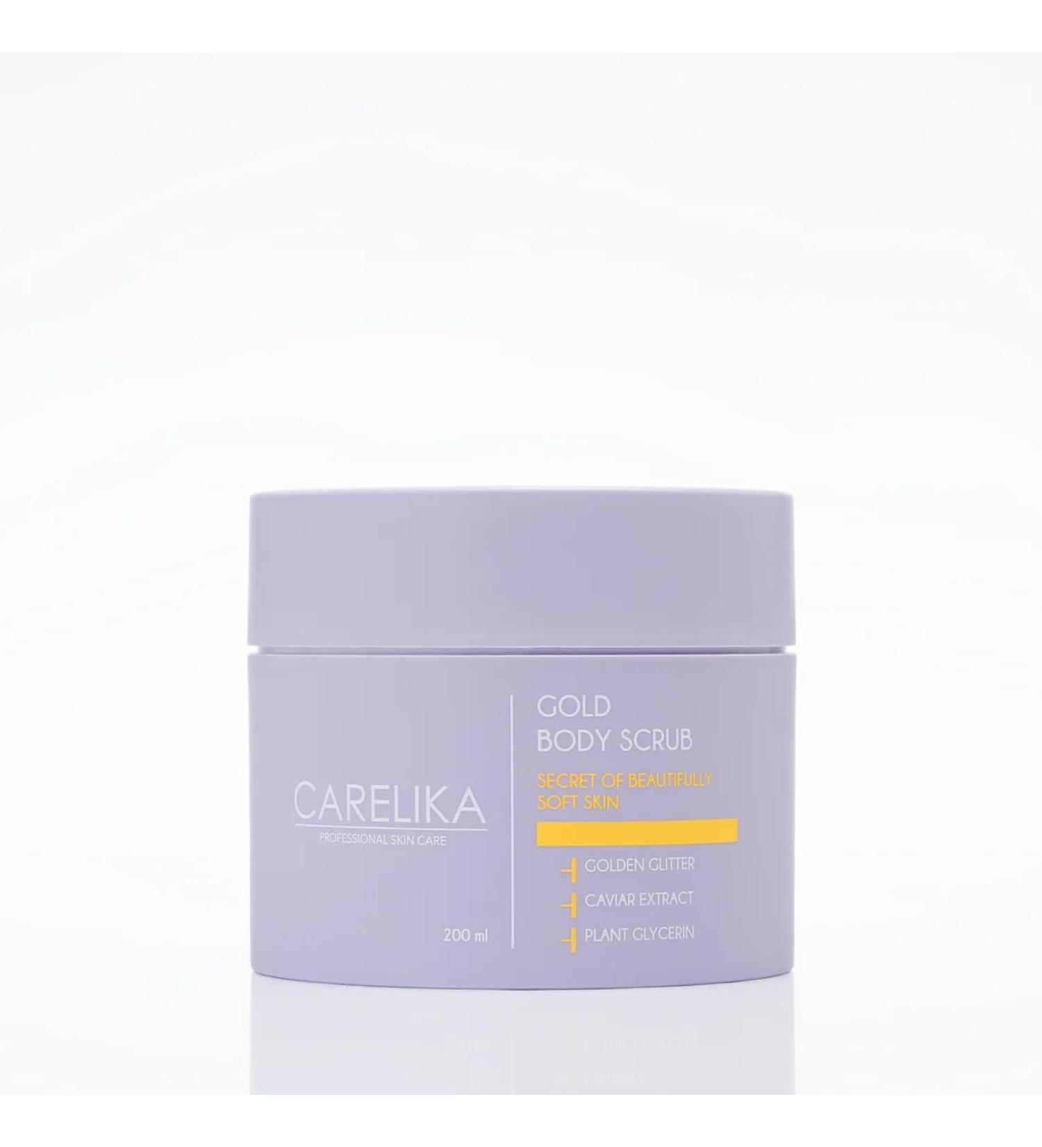 CARELIKA Gold Body Scrub with Caviar Extract Exfoliating Skin Care with Shimmer Effect Deeply Nourishing & Radiance-Boosting Formula 200ml