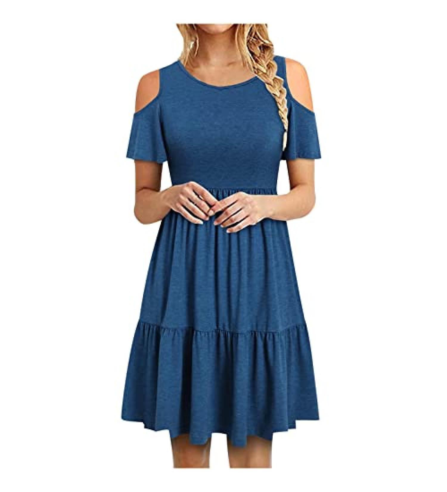 Women's Summer Floral Cold Shoulder T-Shirt Dress with Pocket - Blue Medium - Buy Online on GoSupps.com