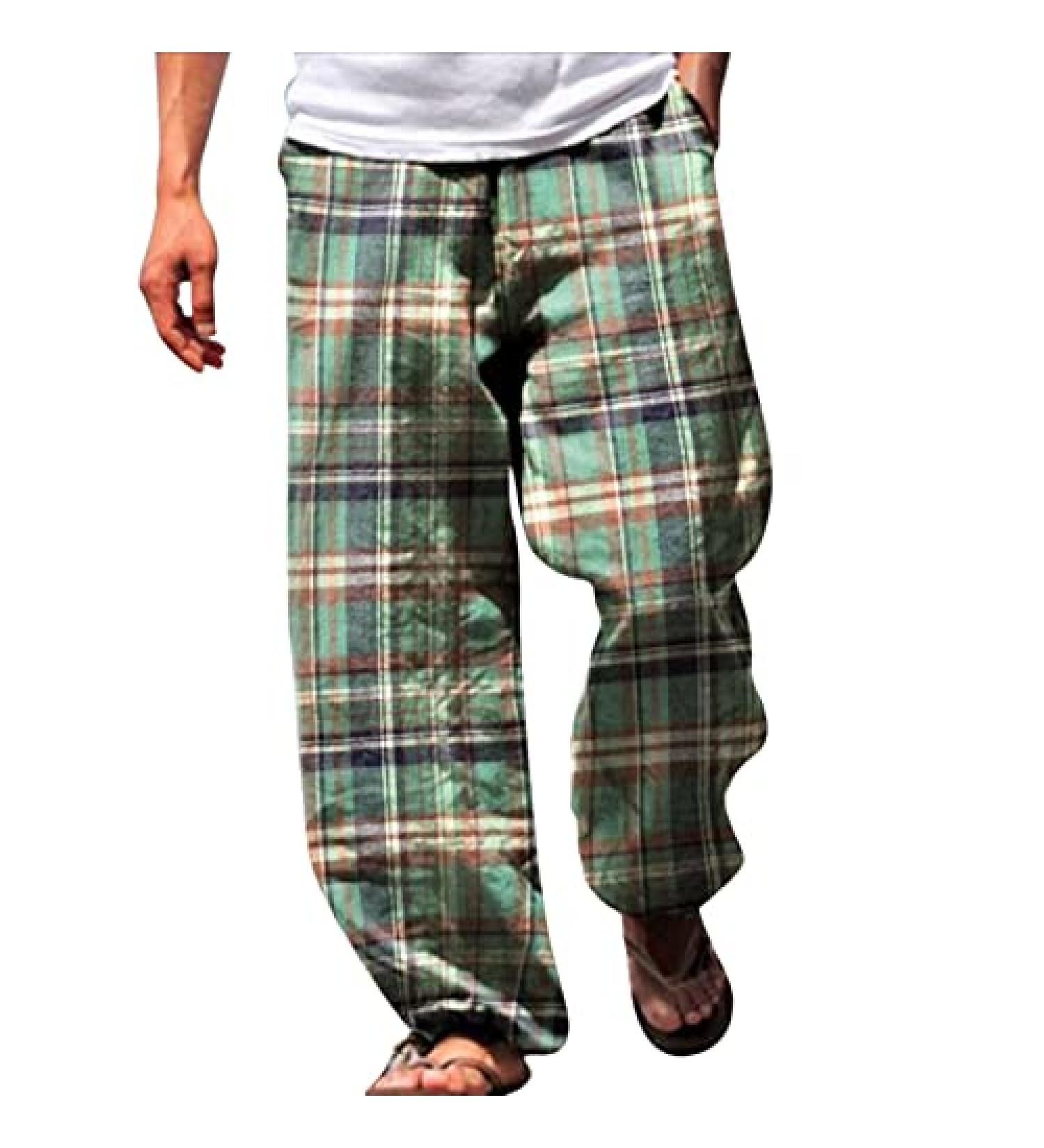 Men's Casual Cotton Linen Drawstring Pants - 3X-Large Green Plaid Trousers with Pockets - Buy Online on GoSupps.com