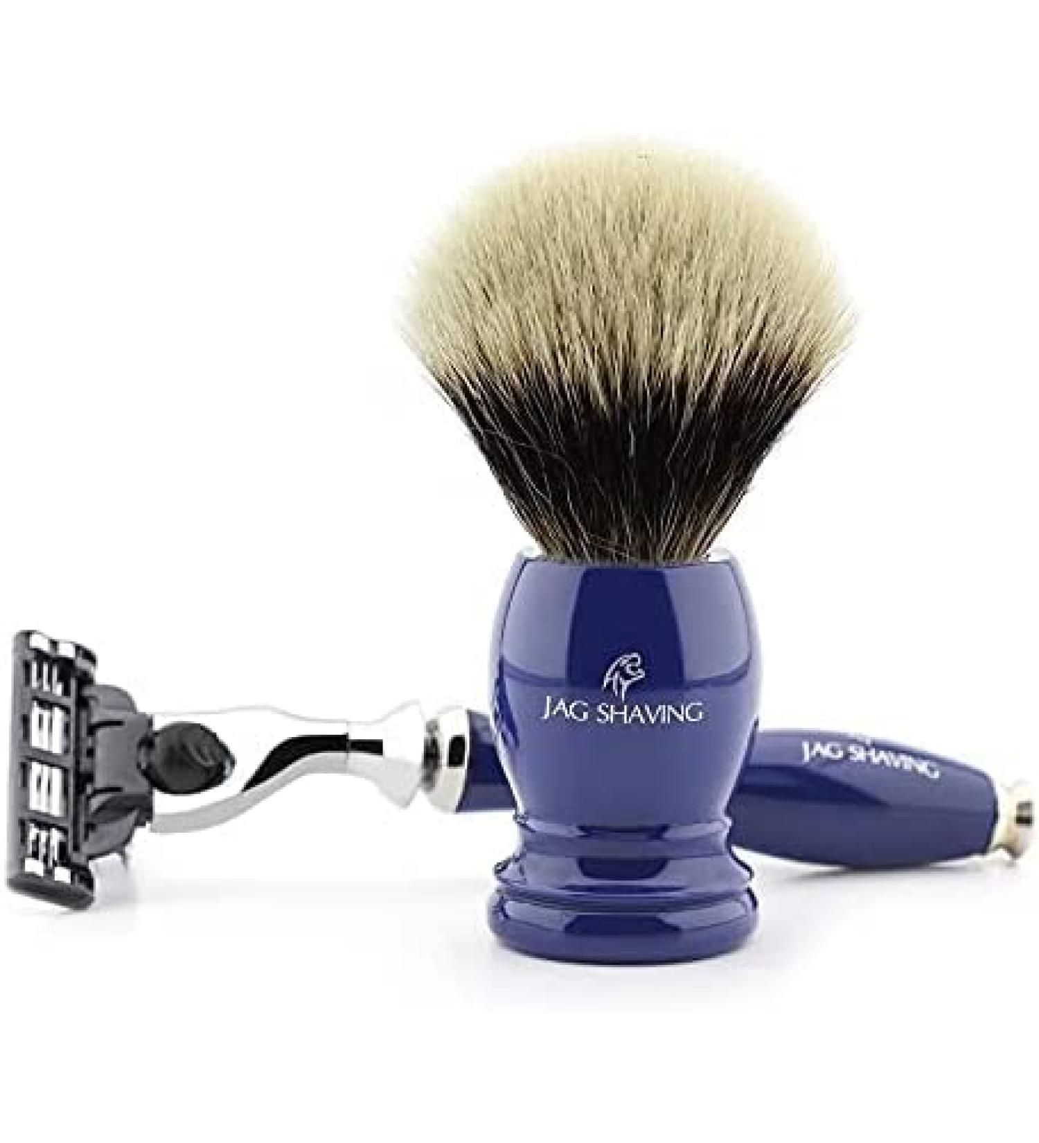 3-edge razor and badger hair shaving brush with silver tip and blue handle by Jag Shaving