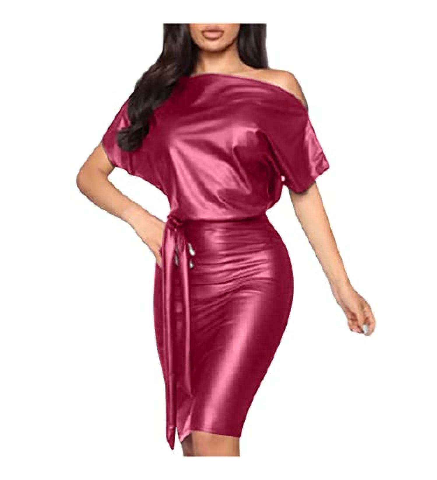 Faux Leather One Shoulder Party Dress Wine X-Large | Short Sleeve Mini Clubwear Evening Dress for Women - Buy Online on GoSupps.com