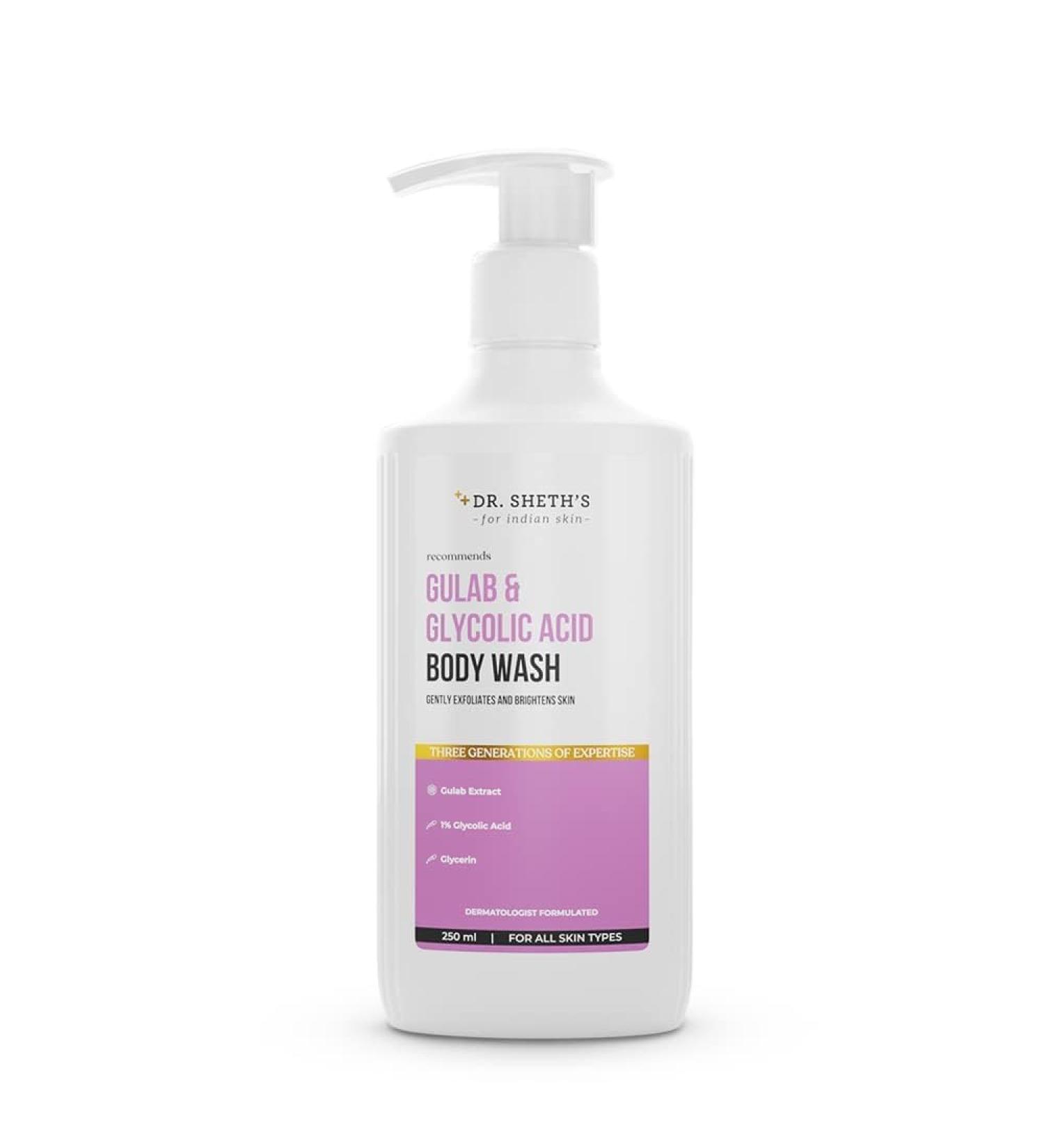 Dr. Sheth Gulab & Glycolic Acid Exfoliating Body Wash - Smoother Even-Toned Skin | 250 mL | Unisex Skincare for All Skin Types - Buy Online on GoSupps.com