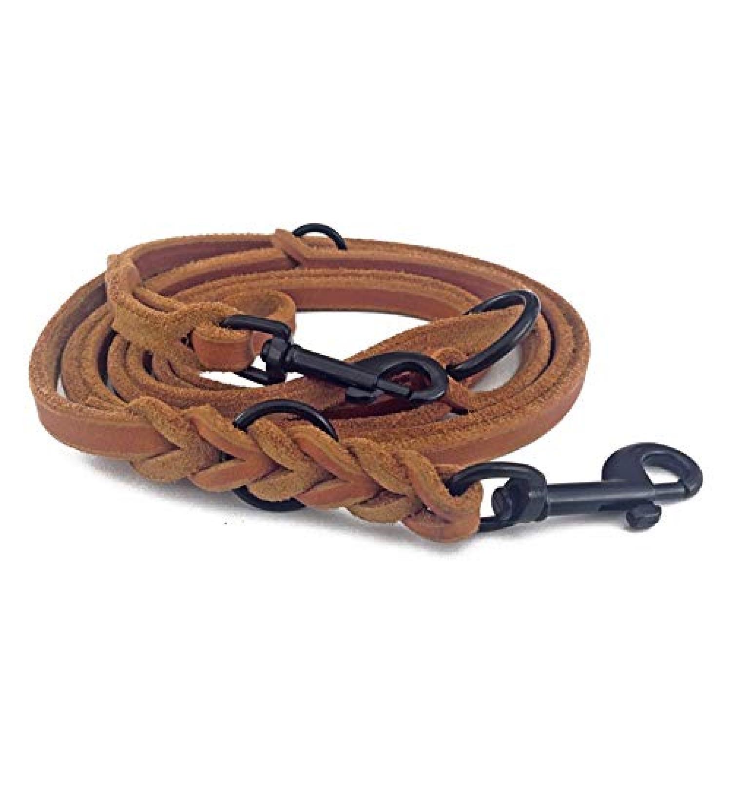 Fat leather Gleine 3-way adjustable leather line braided for dogs 96 models to choose from (3m x 12mm cognac black matt hook) 3m x 12mm cognac black matte hook