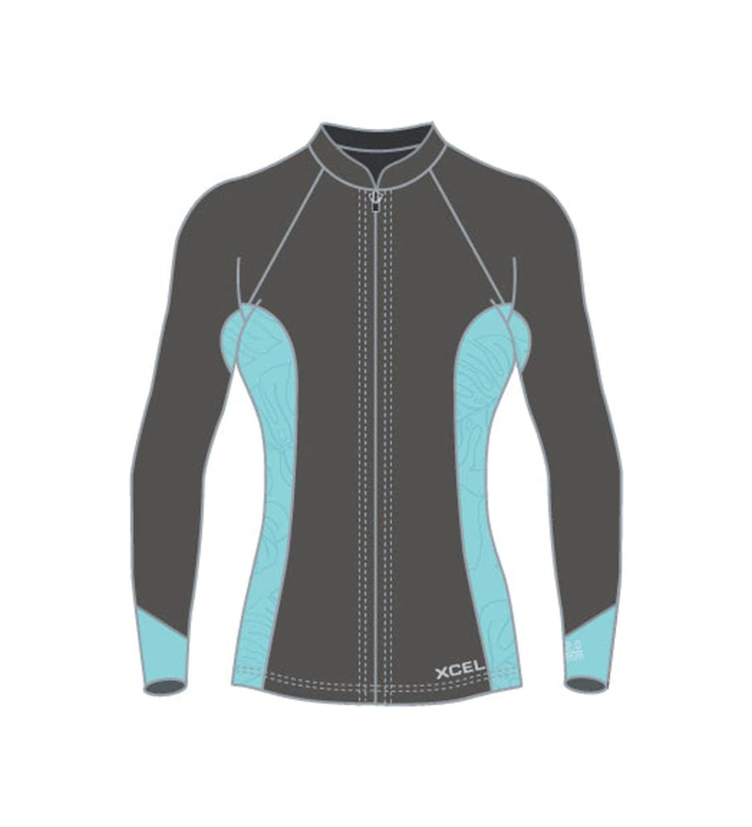 XCEL Girls Axis Long Sleeve Front Zip Wetsuit Jacket 2/1mm Graphite/Glacier Blue Monstera 12