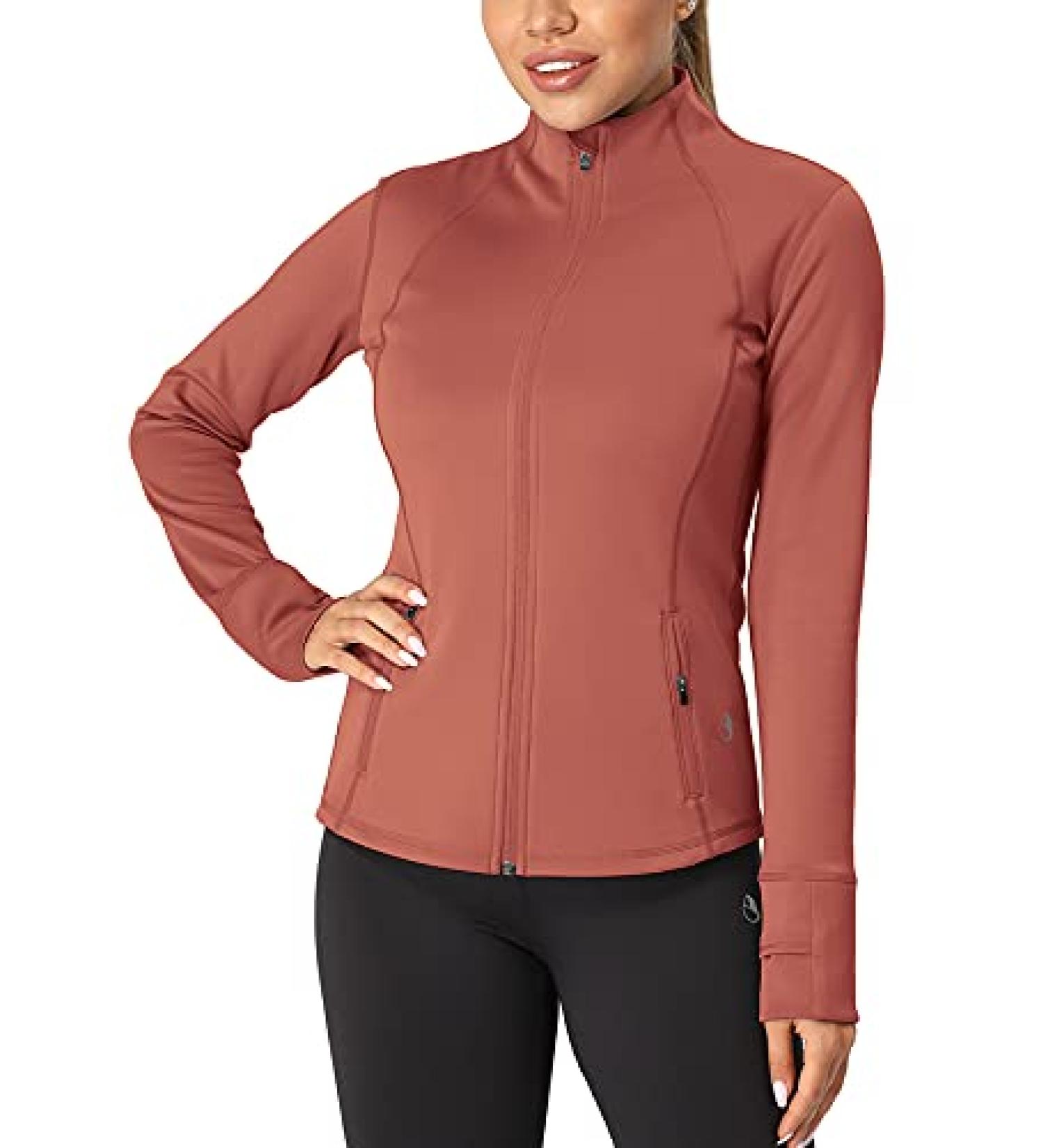 Icyzone Women's Workout Zip Up Jacket - Coral, Medium | Yoga, Running, Athletic Track Jacket with Thumb Holes - Buy Online on GoSupps.com