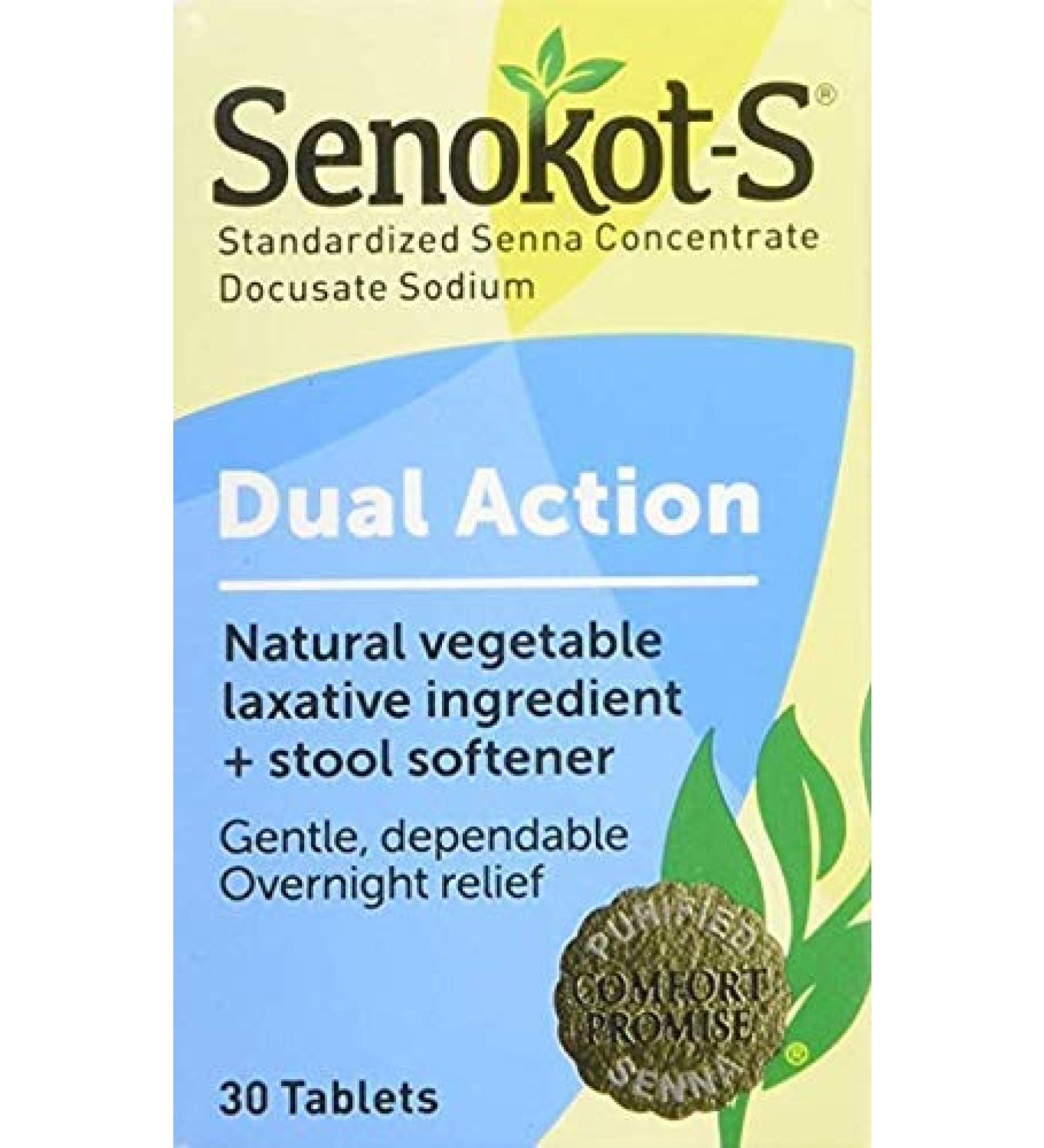 Senokot-S Dual Action 30 Tablets - Natural Vegetable Laxative & Stool Softener for Overnight Relief - Buy Online on GoSupps.com