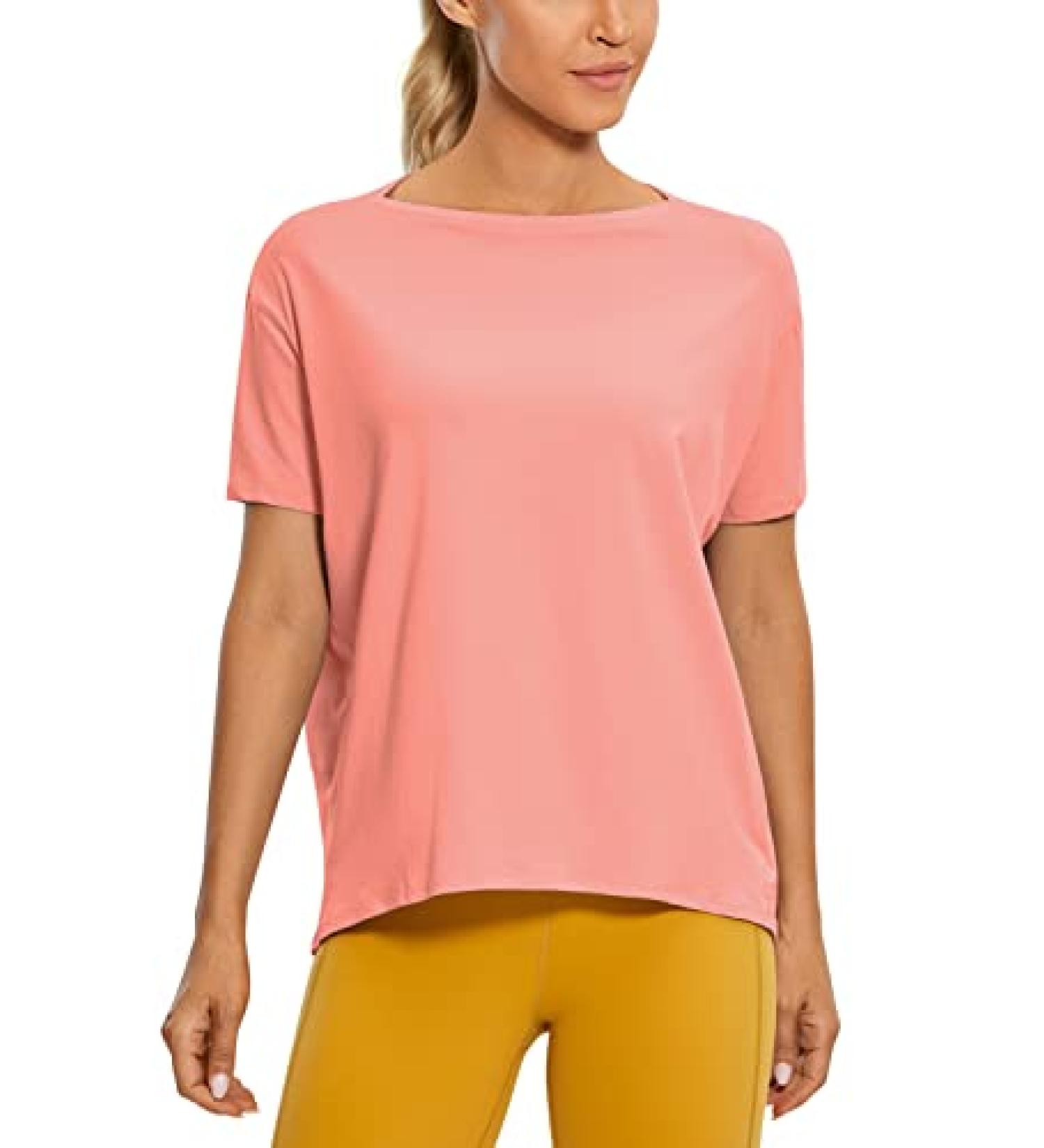 CRZ YOGA Women's Pima Cotton Short Sleeve Loose Fit Workout T-Shirt - Peach Pink | Medium Size - Buy Online on GoSupps.com