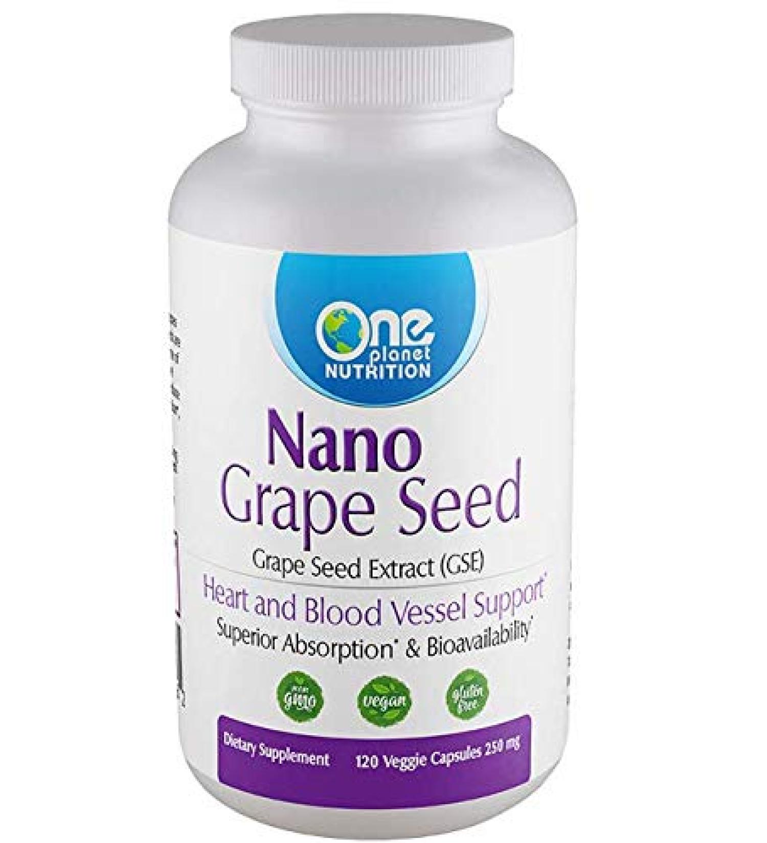 One Planet Nutrition Nano Grape Seed Extract Capsules 250mg - 120 Capsules - Made from Dried & Pulverized Grape Seeds - Buy Online on GoSupps.com