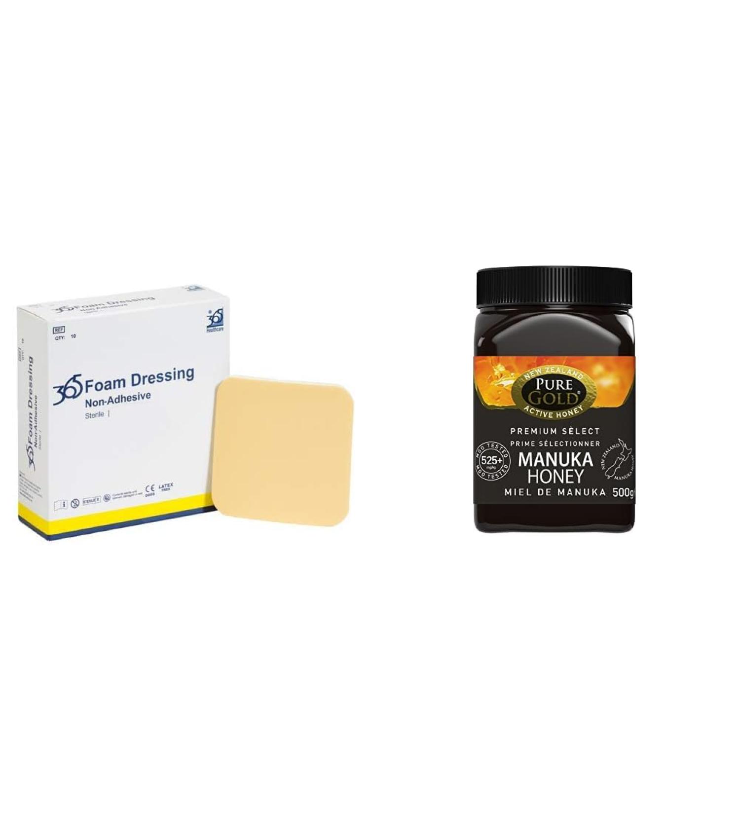 365 Non Adhesive Foam Dressing 10 x 20 cm - Pack of 10 (Ref 36590064) & Manuka Honey 525+ MGO Certified Pure Gold Premium Manuka Honey 500g (packaging may vary) + HONEY M00024B - Buy Online on GoSupps.com