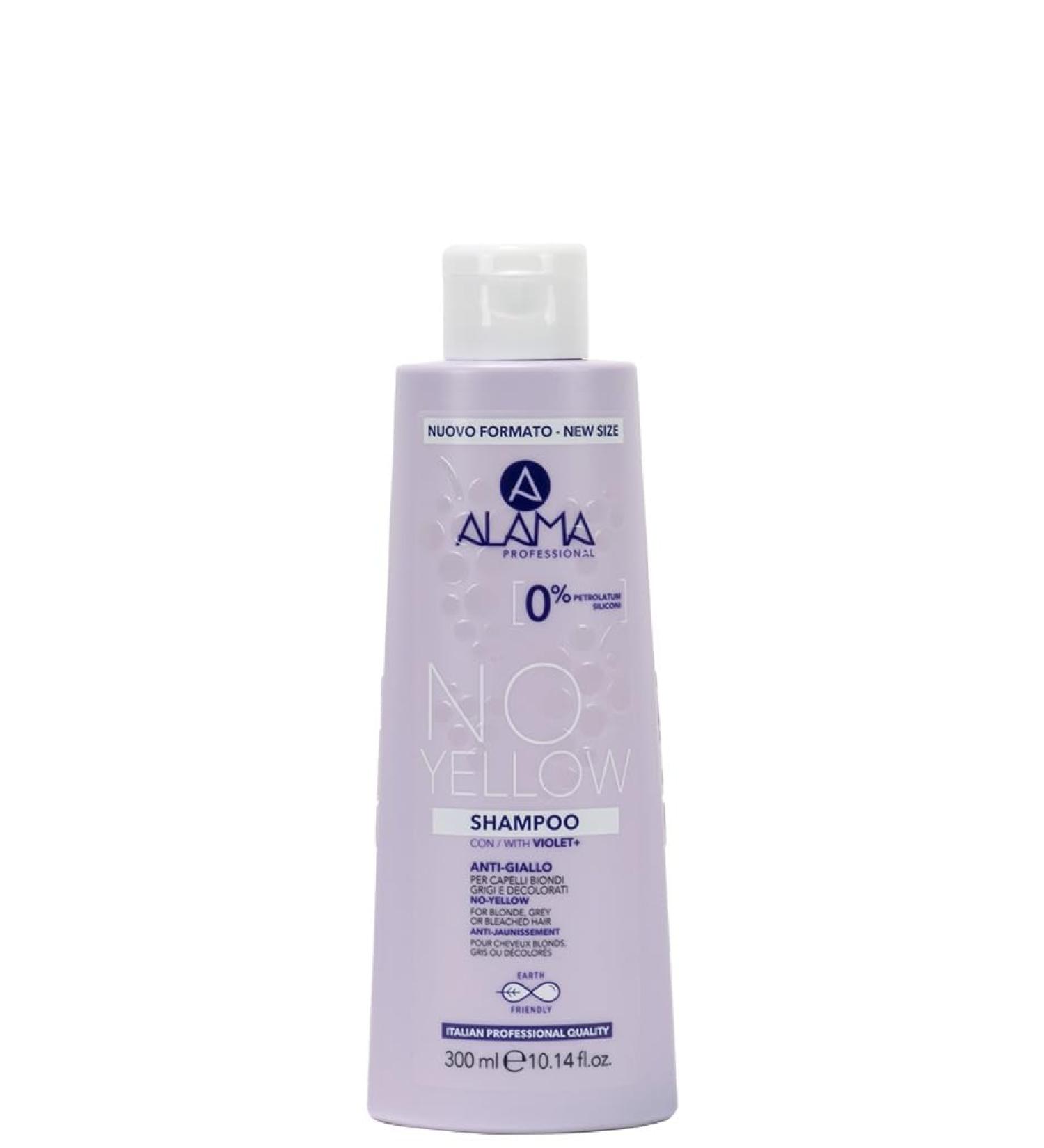 A ALAMA Alama Professional No-Yellow Anti-Yellow Shampoo for Blonde Grey and Bleached Hair with Silk Proteins Vinace Extract and Purple Pigment 300 ml