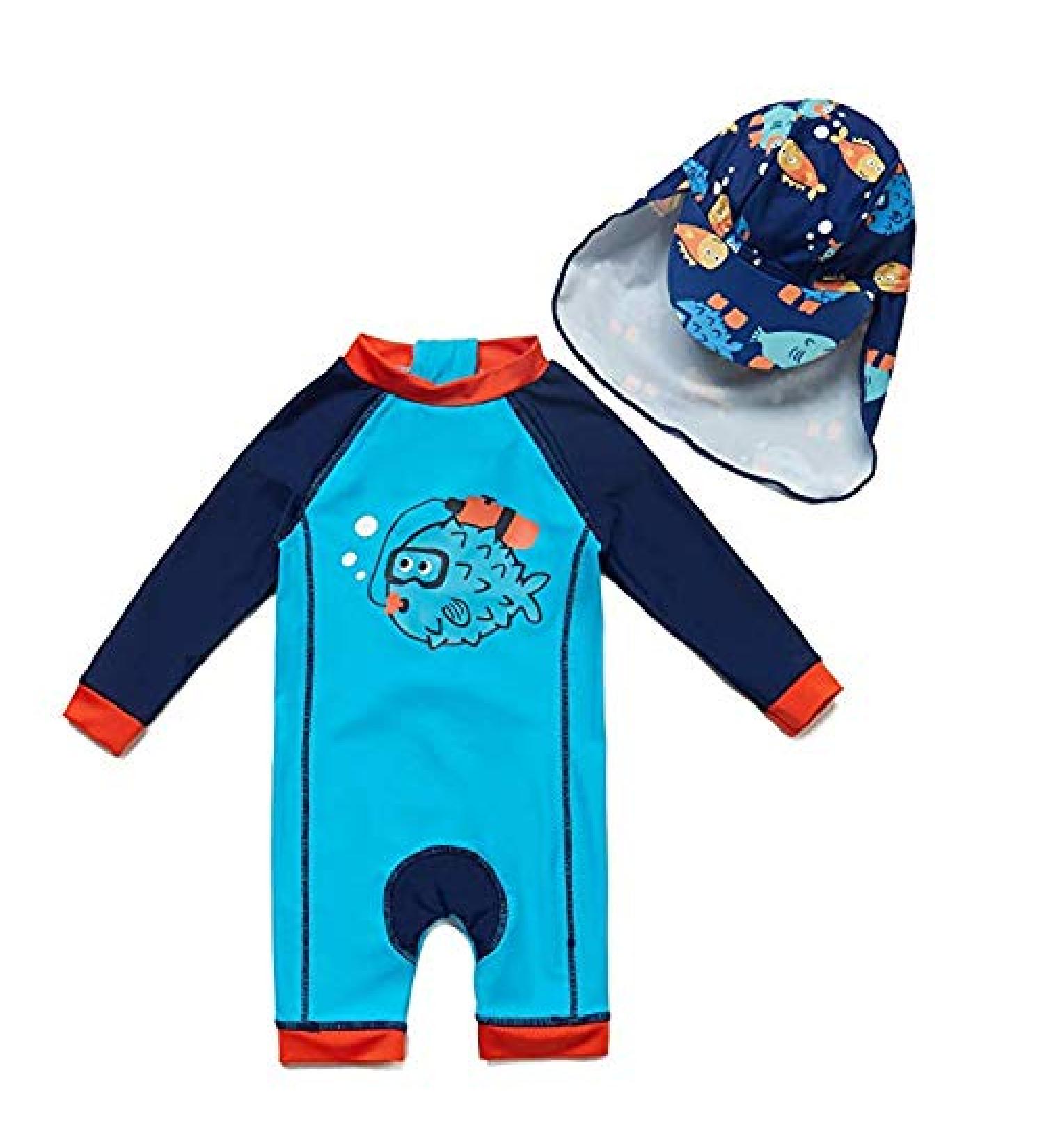 BONVERANO Baby Boys Sunsuit UPF 50+ Swimwear with Zipper and Sun Hat - Blue Fish, 12-18 Months - Buy Online on GoSupps.com