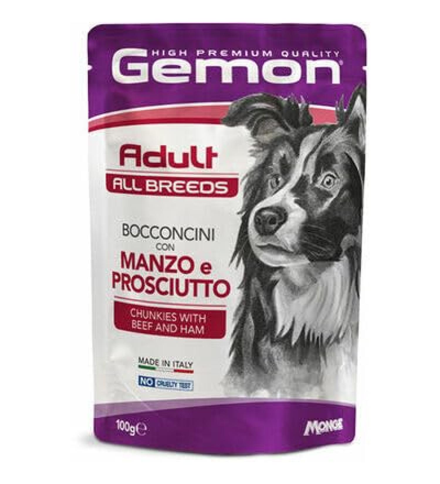 Gemon Adult Beef and Ham - Wet Food for Dogs 24 Bags of 100 g