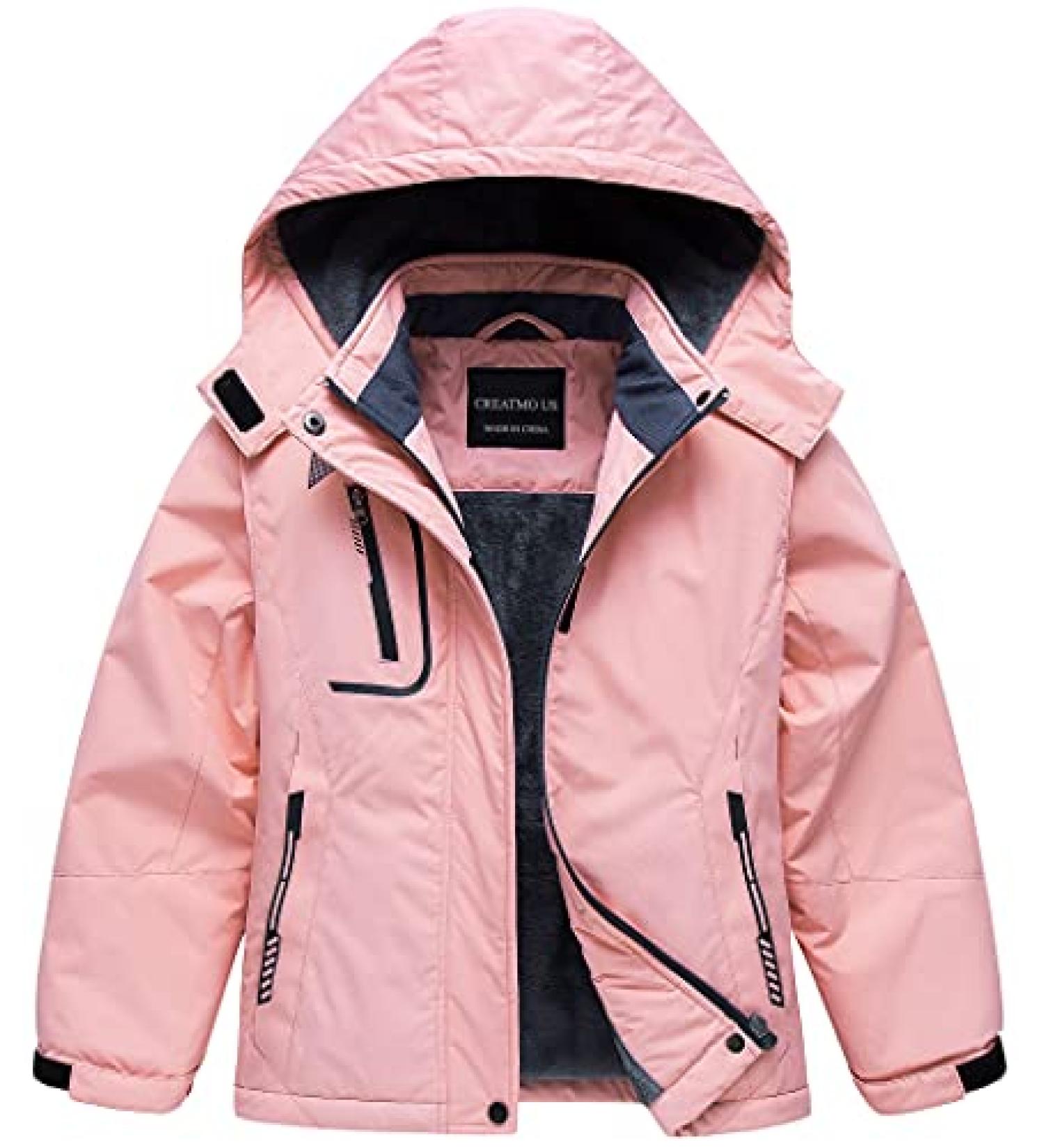 CREATMO US Girl's Waterproof Ski Jacket | Warm Winter Fleece Snow Coat | 14-16 Years | Pink - Buy Online on GoSupps.com