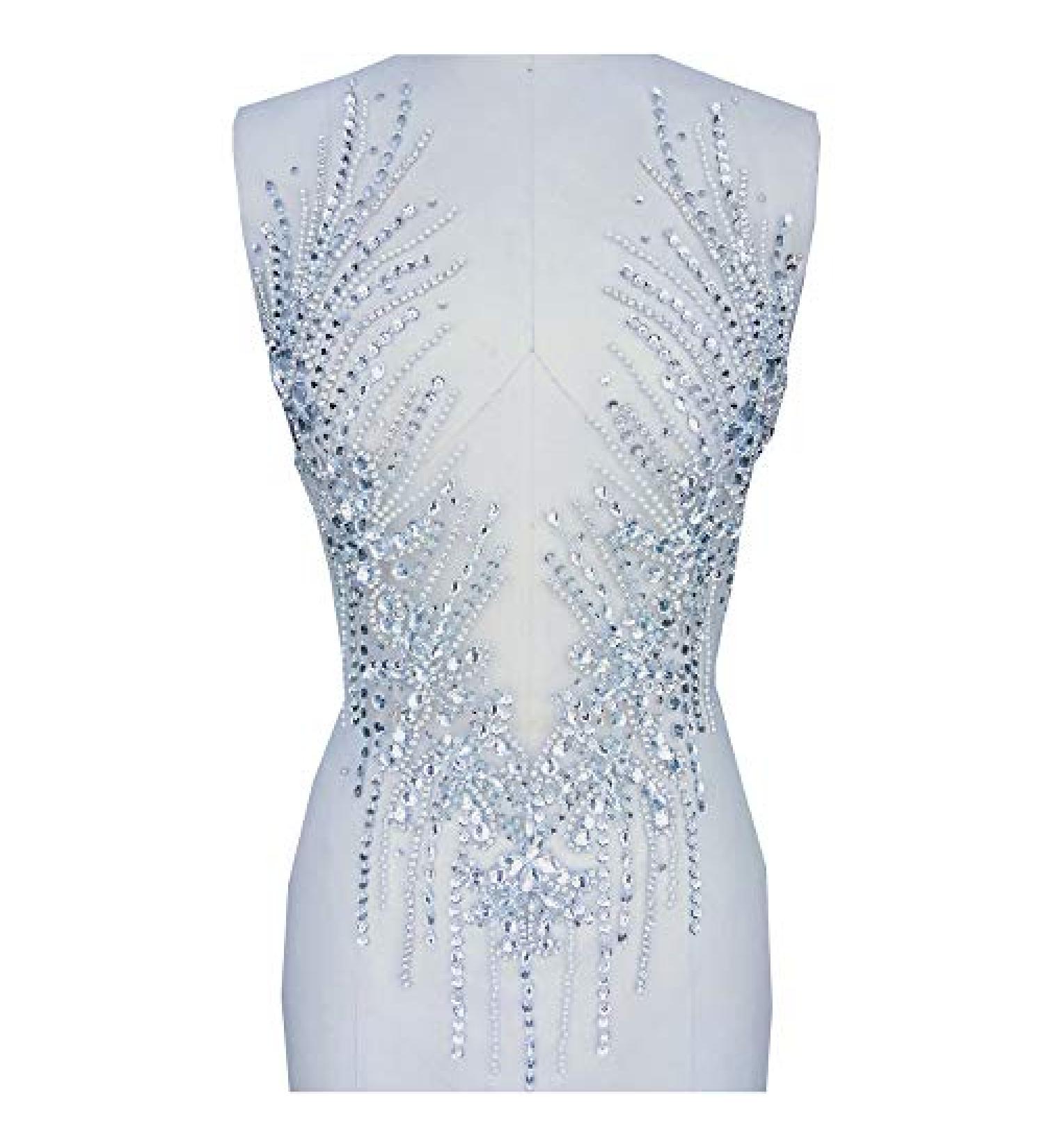 Handmade Rhinestone Applique Sew on Beads Trim Patch for Wedding Dress - 23x13 Inches (Silver) - Buy Online on GoSupps.com