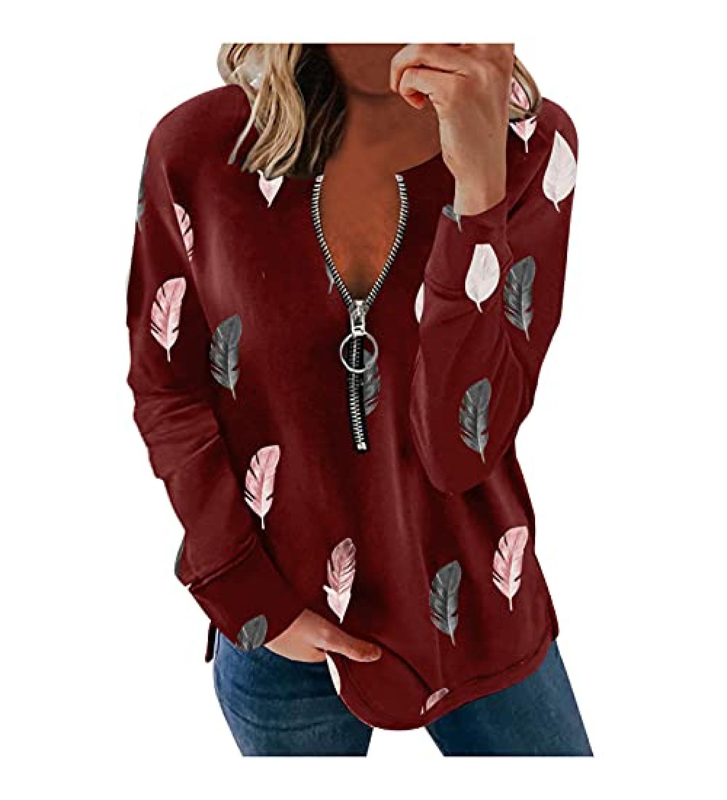 Angxiwan Women's Feather Printed Zip Up Sweatshirt - Wine, XX-Large - Buy Online on GoSupps.com