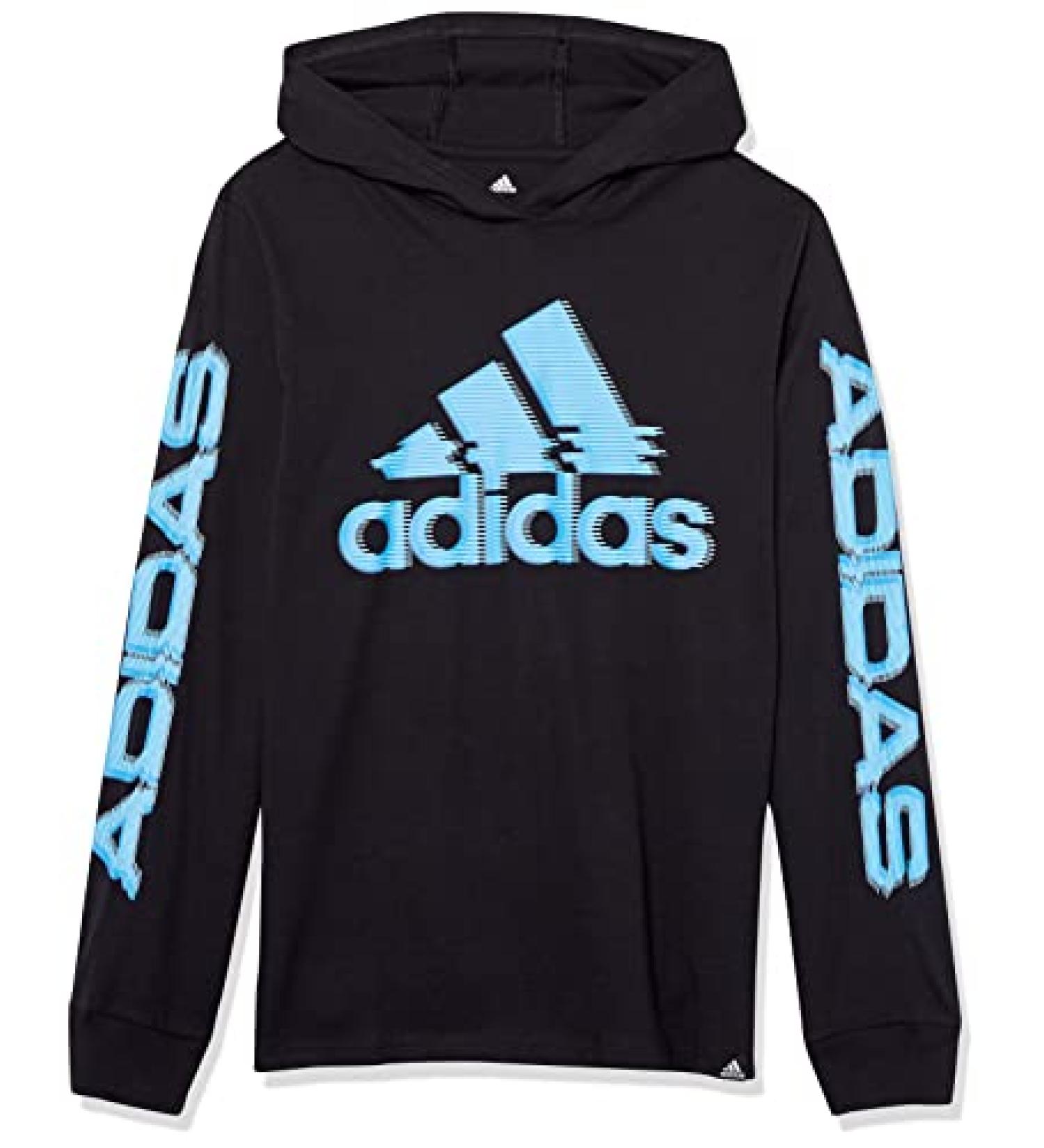 adidas Boys' Long Sleeve Cotton Linear Logo Hooded T-Shirt Large Black/Blue
