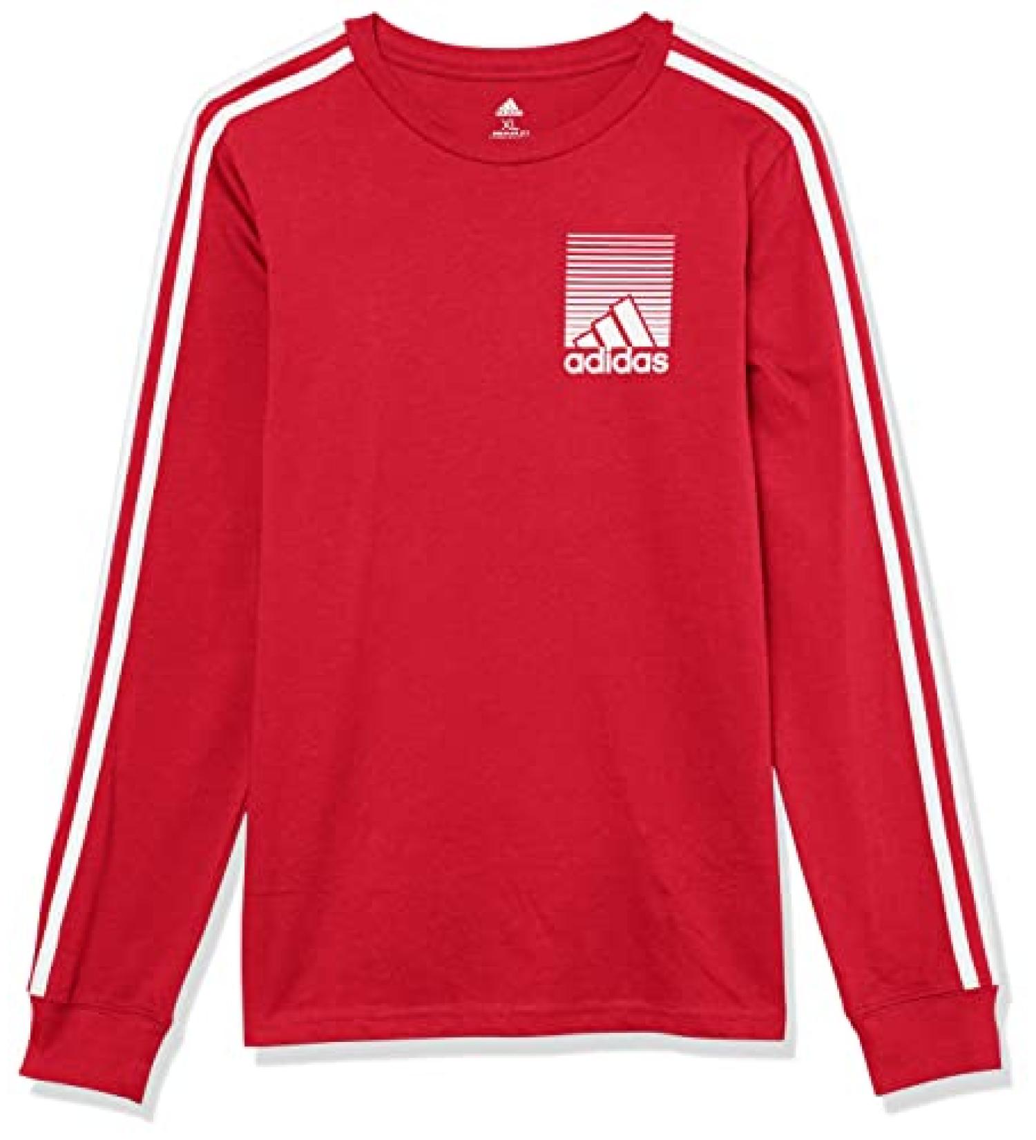 adidas Boys' Long Sleeve Cotton T-Shirt 3-Stripes Tee Large Vivid Red