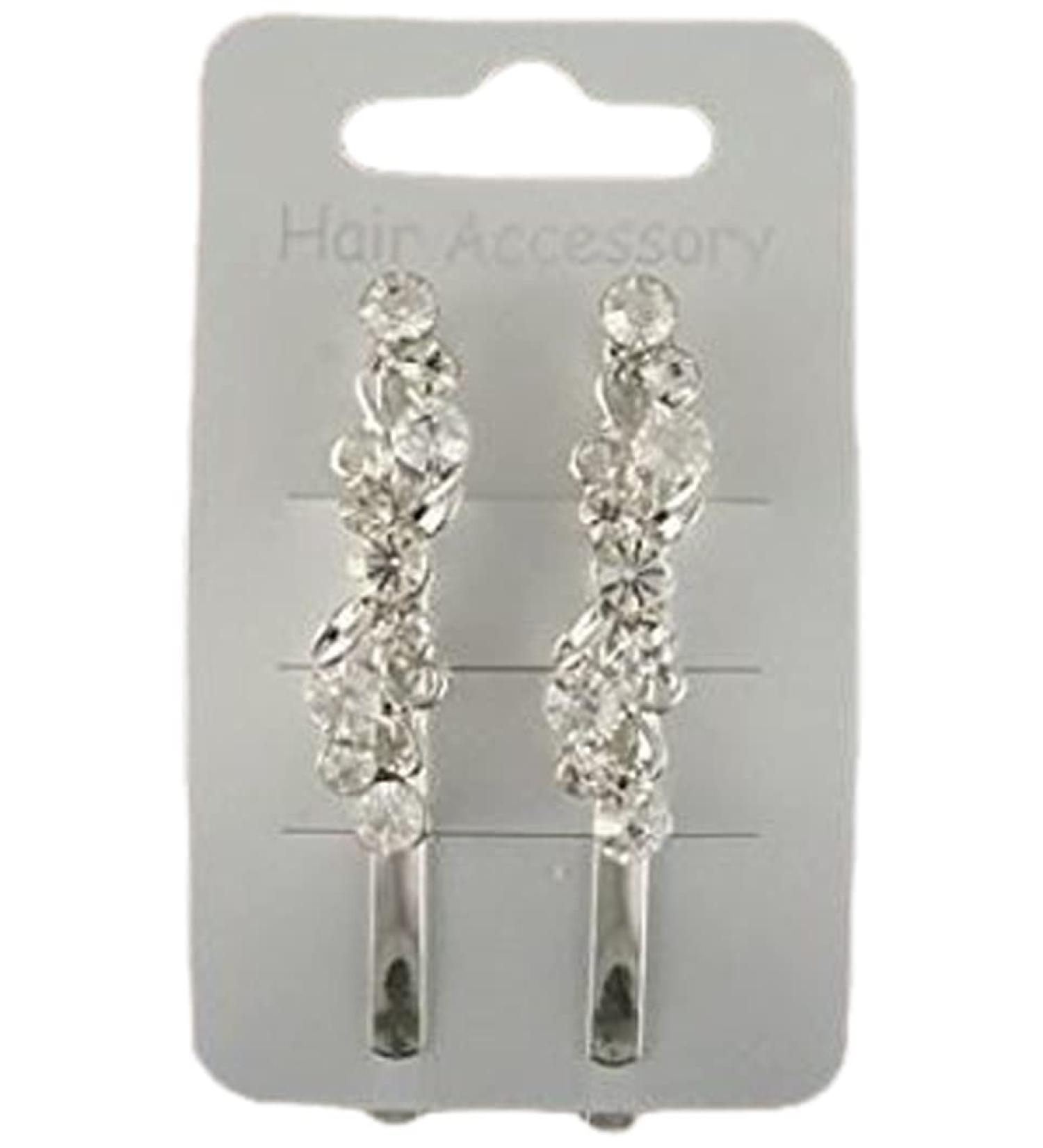 9139 2 x 6cm Silver Crystal Hair Slides Grips Wedding Party Prom