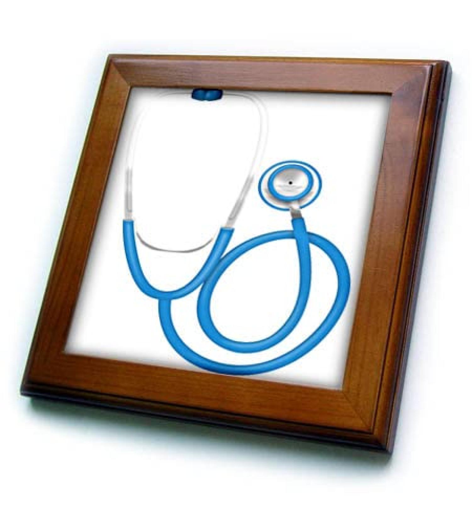 3dRose 8x8 Framed Tile - Blue and White Stethoscope Illustration Cute Illustrations