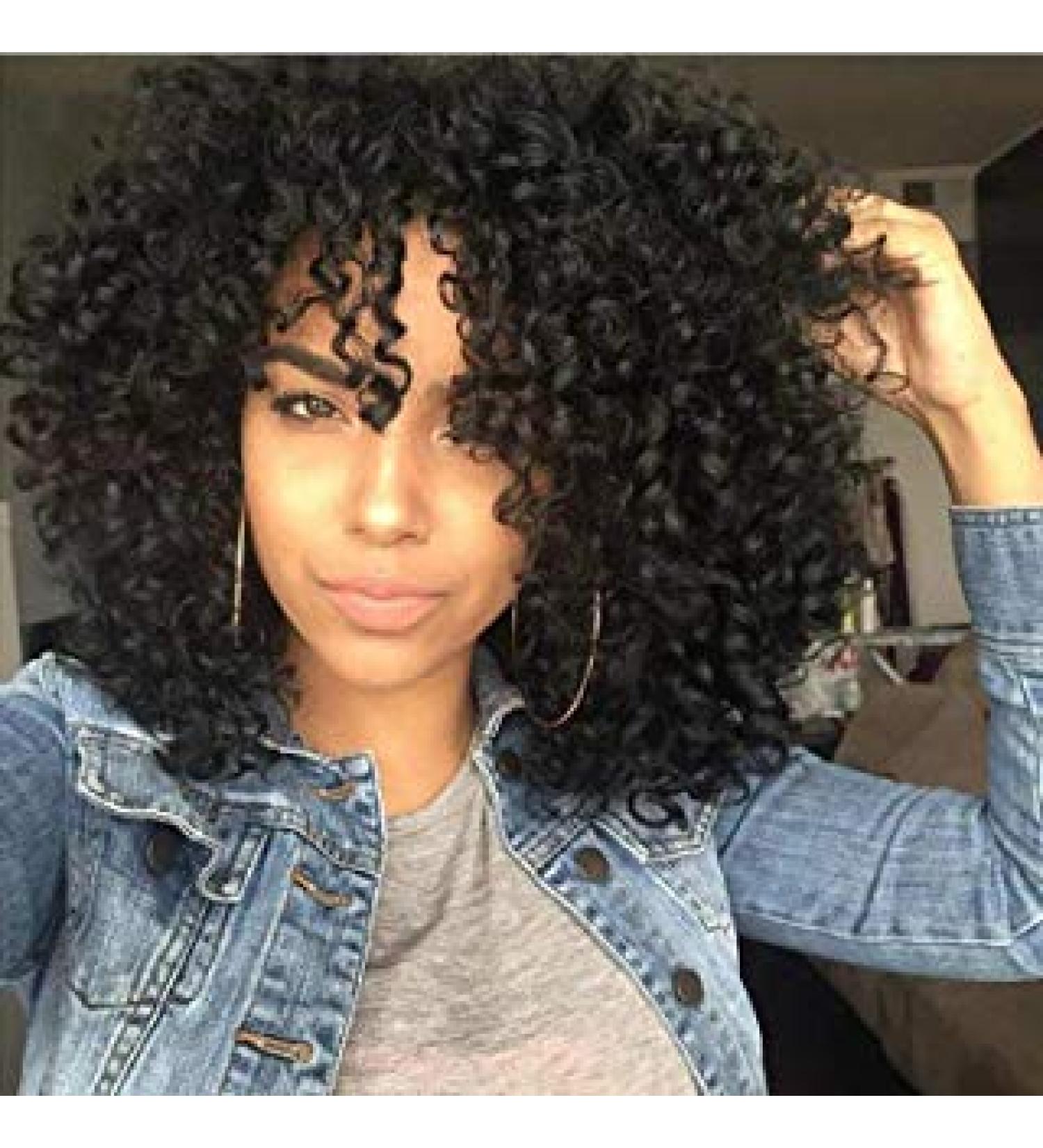 AISI HAIR Curly Afro Wig with Bangs Shoulder Length Wigs Curly Black Wig Afro Kinkys Curly Hair Wigs Synthetic Wig Curly Full Wig for Black Women (Black)