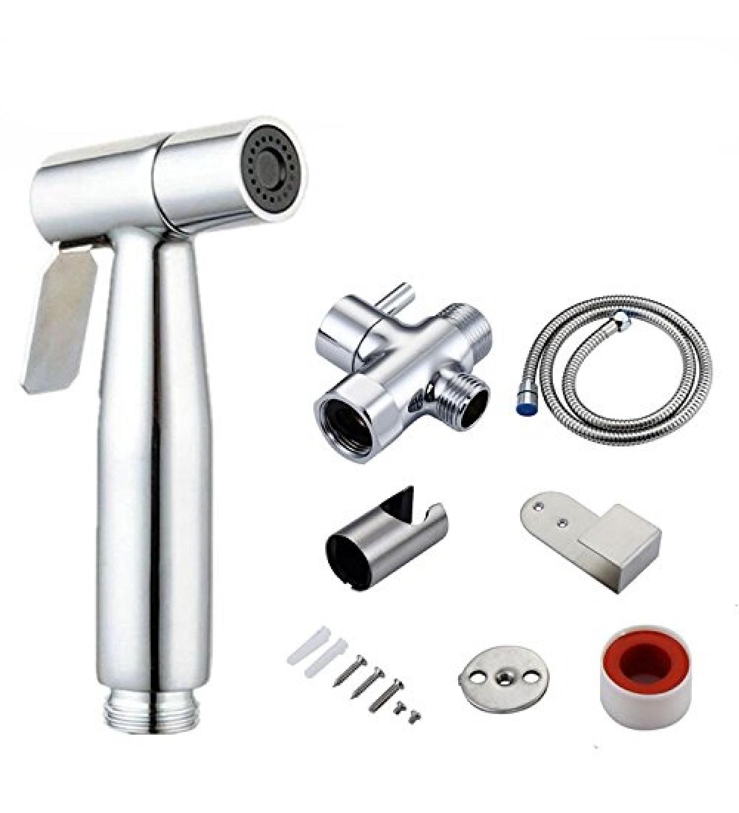 Stainless Steel Baby Cloth Diaper Sprayer Kit - Handheld Bidet Set with Hose, Nozzle, T-Valve, Tank Mount Hook - Toilet Shower Cleaner and Washer Rinse - Buy Online on GoSupps.com