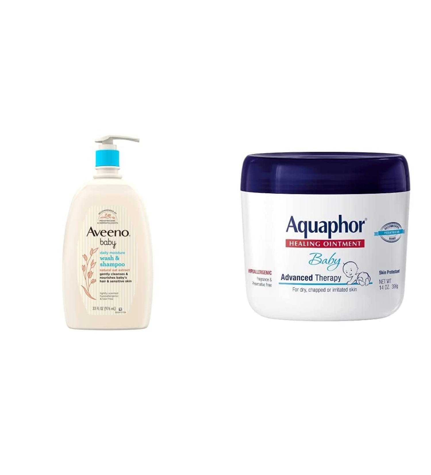 Aveeno Baby Daily Moisture Bath Wash 33 fl. oz + Aquaphor Baby Healing Ointment 14 Oz Jar - Gentle Skin Care Bundle - Buy Online on GoSupps.com