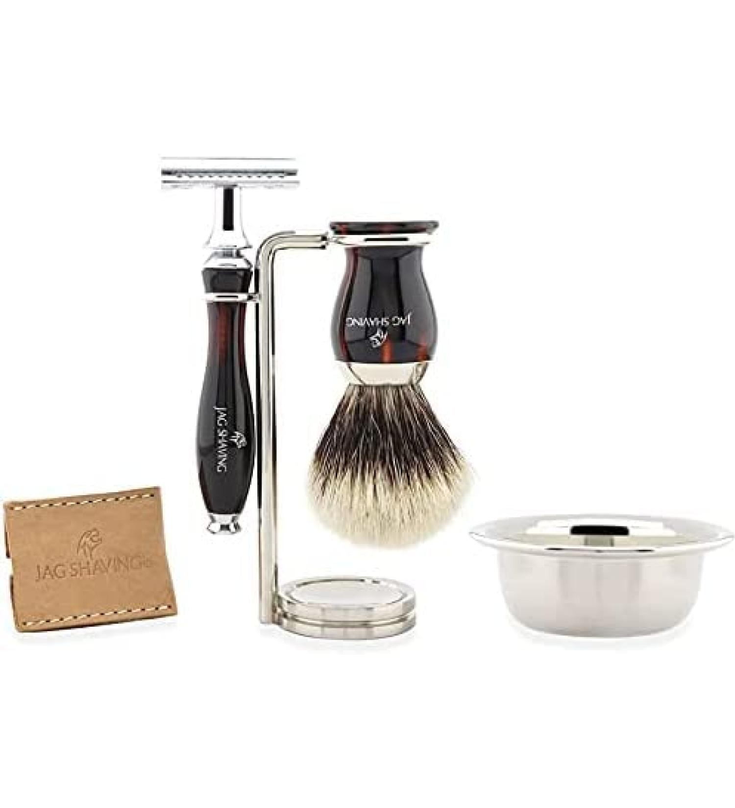 Men's Shaving Set - Resin Handle Shaving Brush Double Edge Razor Stainless Steel Stand and Shaving Bowl