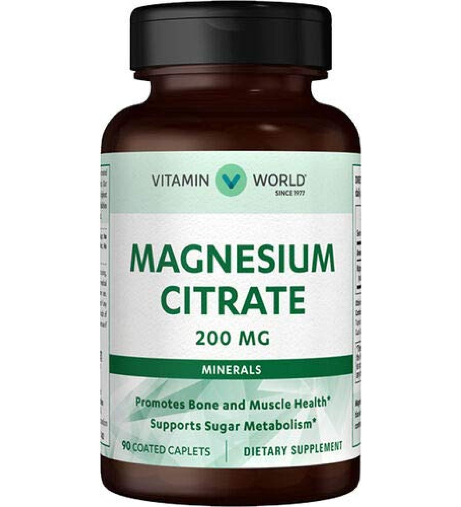 Vitamin World Magnesium Citrate 200 mg. 90 Caplets Promotes Bone and Muscle Health