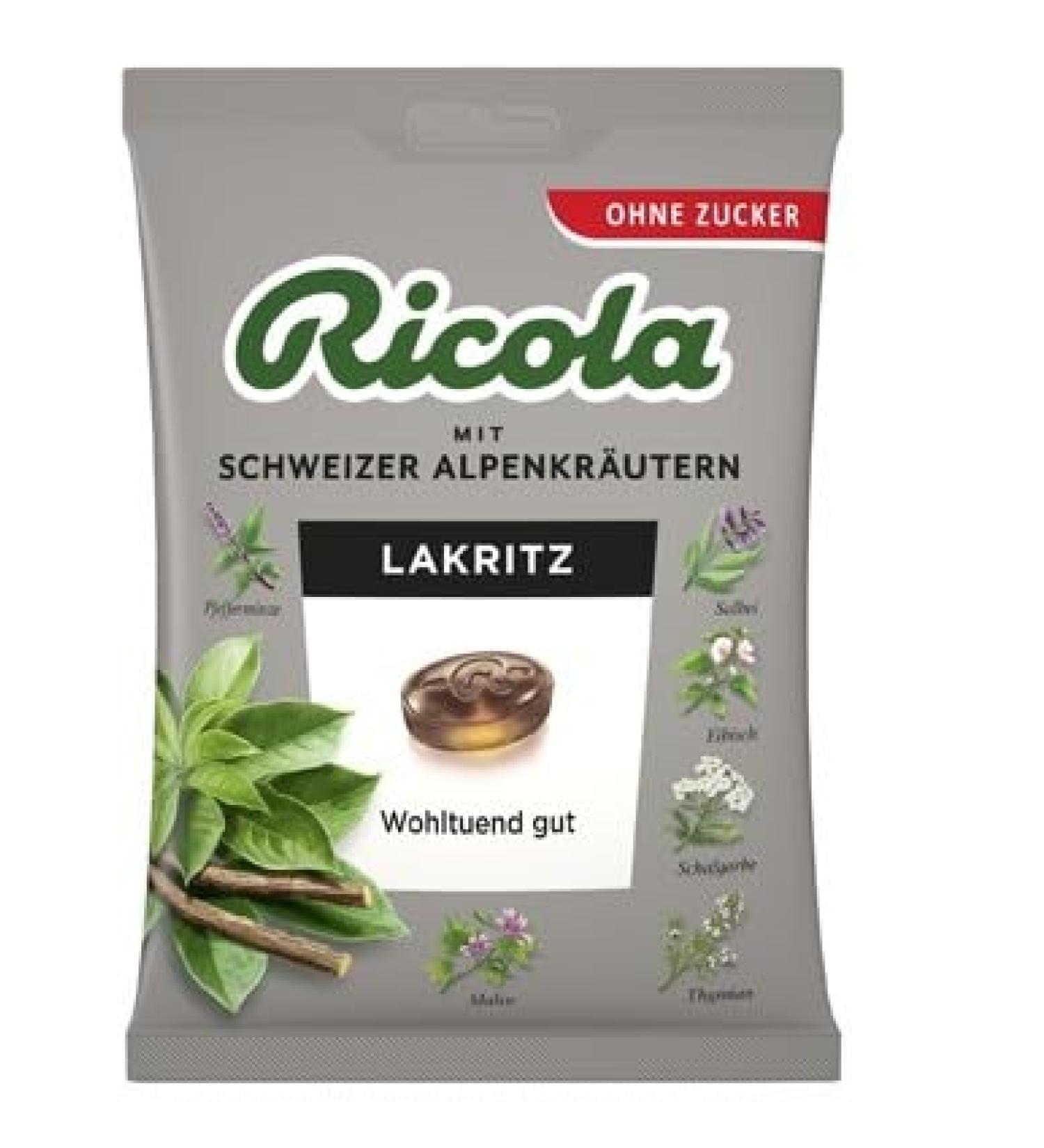 Ricola Lakritz - Original Swiss Herbal Candies with 13 Alpine Herbs | Sugar-Free Vegan 75g | Soothing Enjoyment Worldwide - Buy Online on GoSupps.com