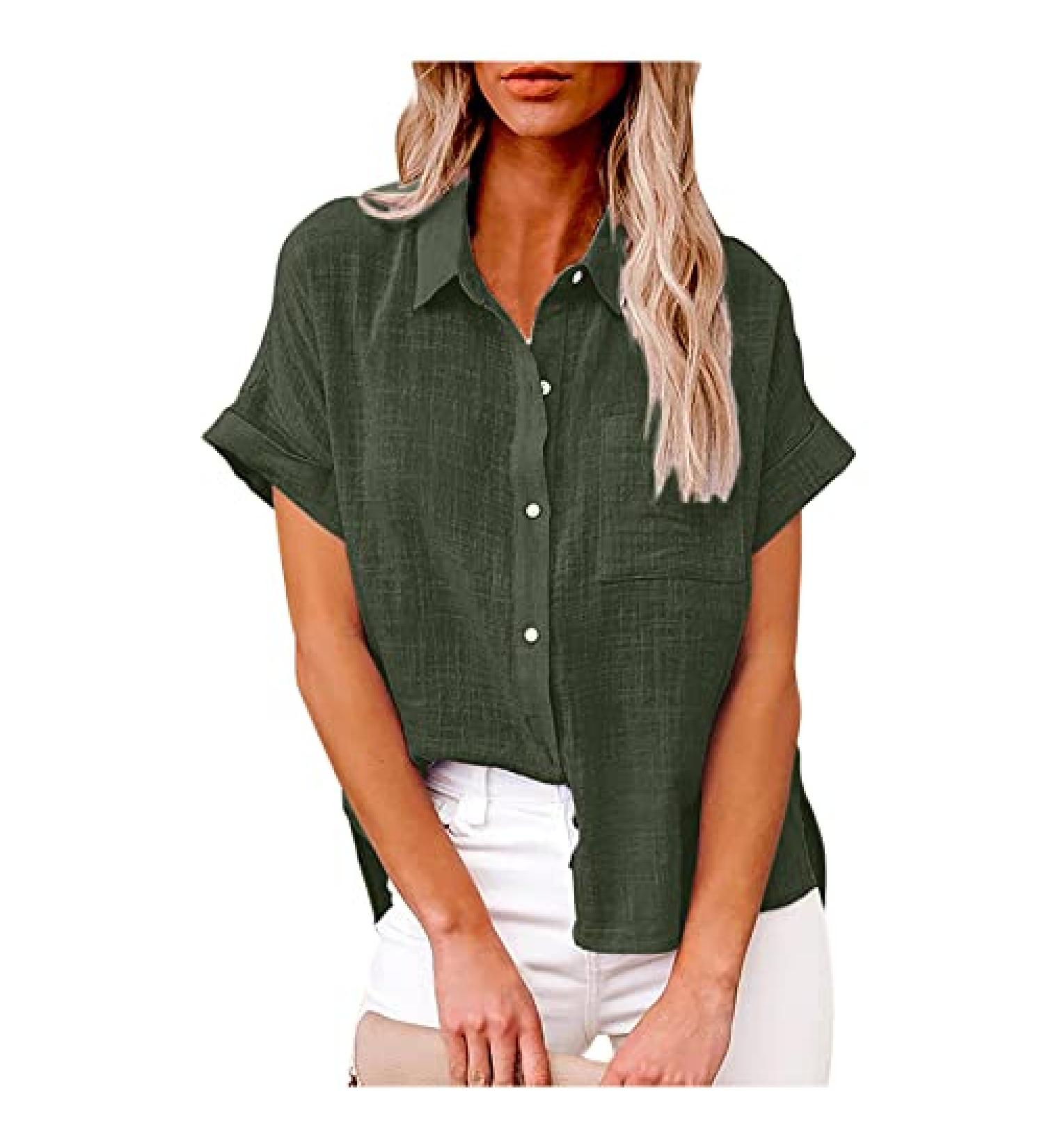 2022 Women's Summer Linen Button Down Shirt - Casual Collared Tee in Army Green - Buy Online on GoSupps.com