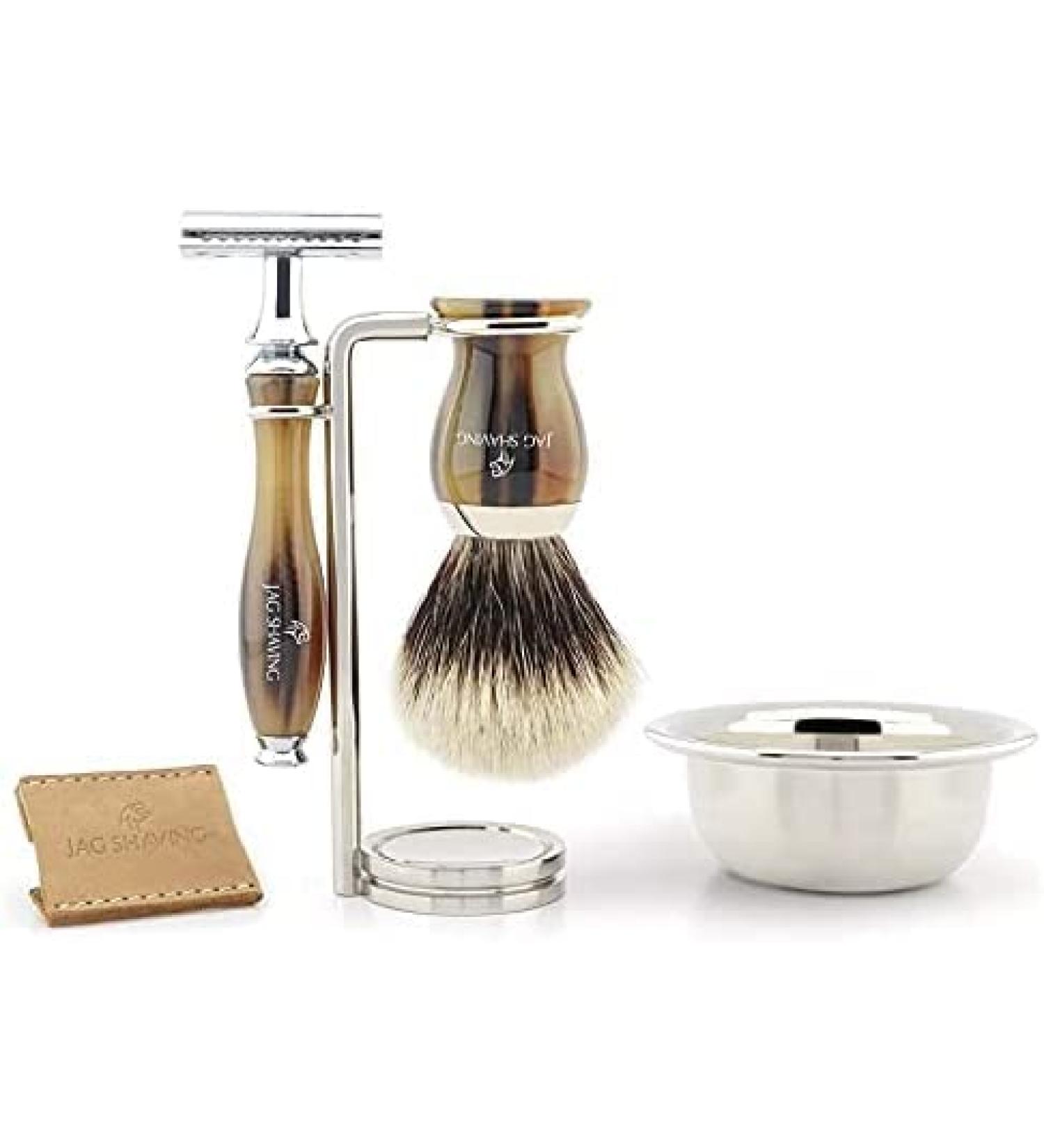 Men's shaving set with Double Edge Razor Silver Tip Hair Razor brush and shaving bowl-Elegant shaving brush set from Jag Shaving