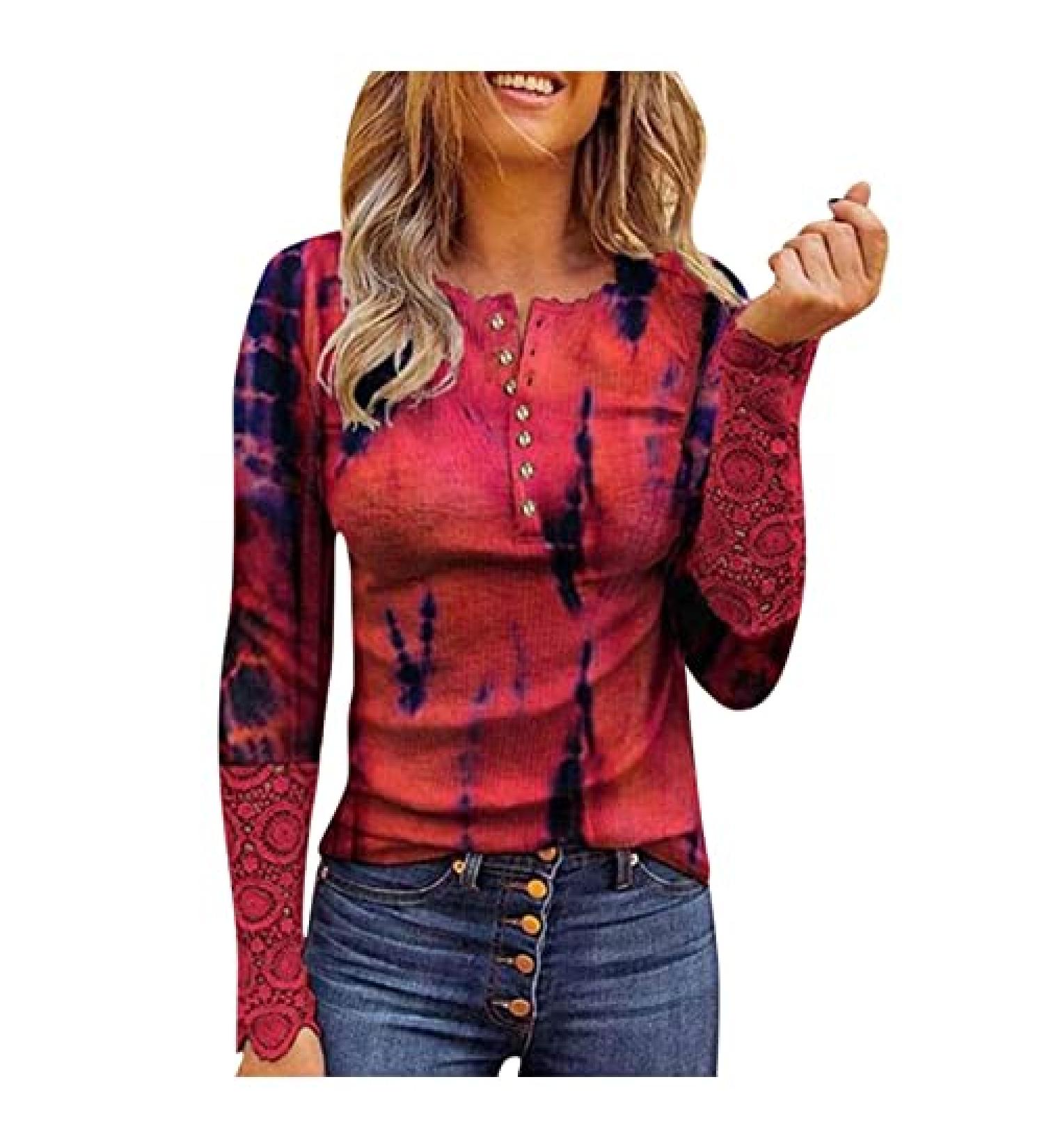 Women's Long Sleeve Lace Henley Tunic Blouse Slim Fit Red Ribbed Top - Buy Online on GoSupps.com
