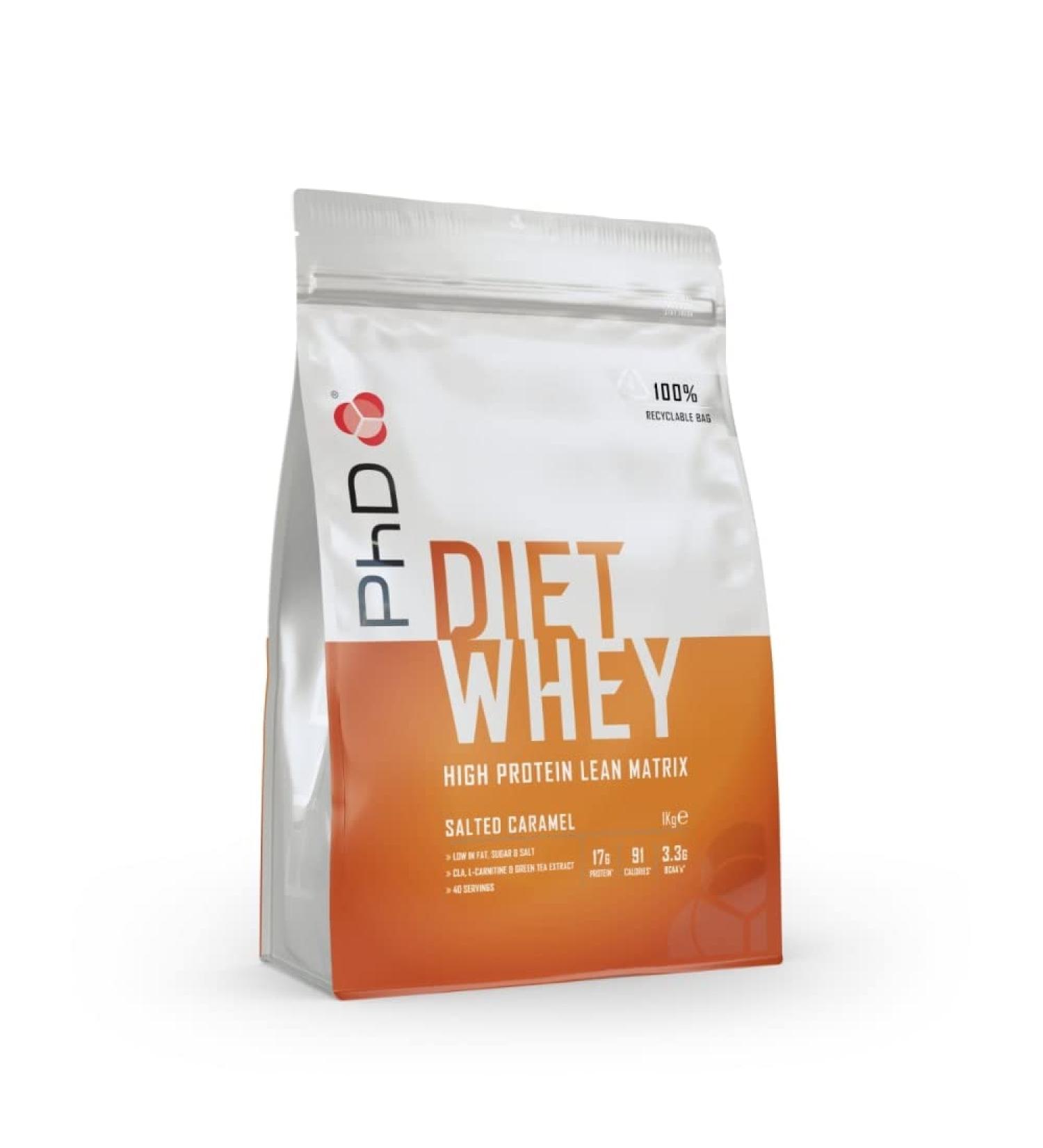 PhD Nutrition Diet Whey Salted Caramel Protein Powder - Low Calorie & Low Carb Formula with High Protein 40 Servings - 1kg Bag - Buy Online on GoSupps.com