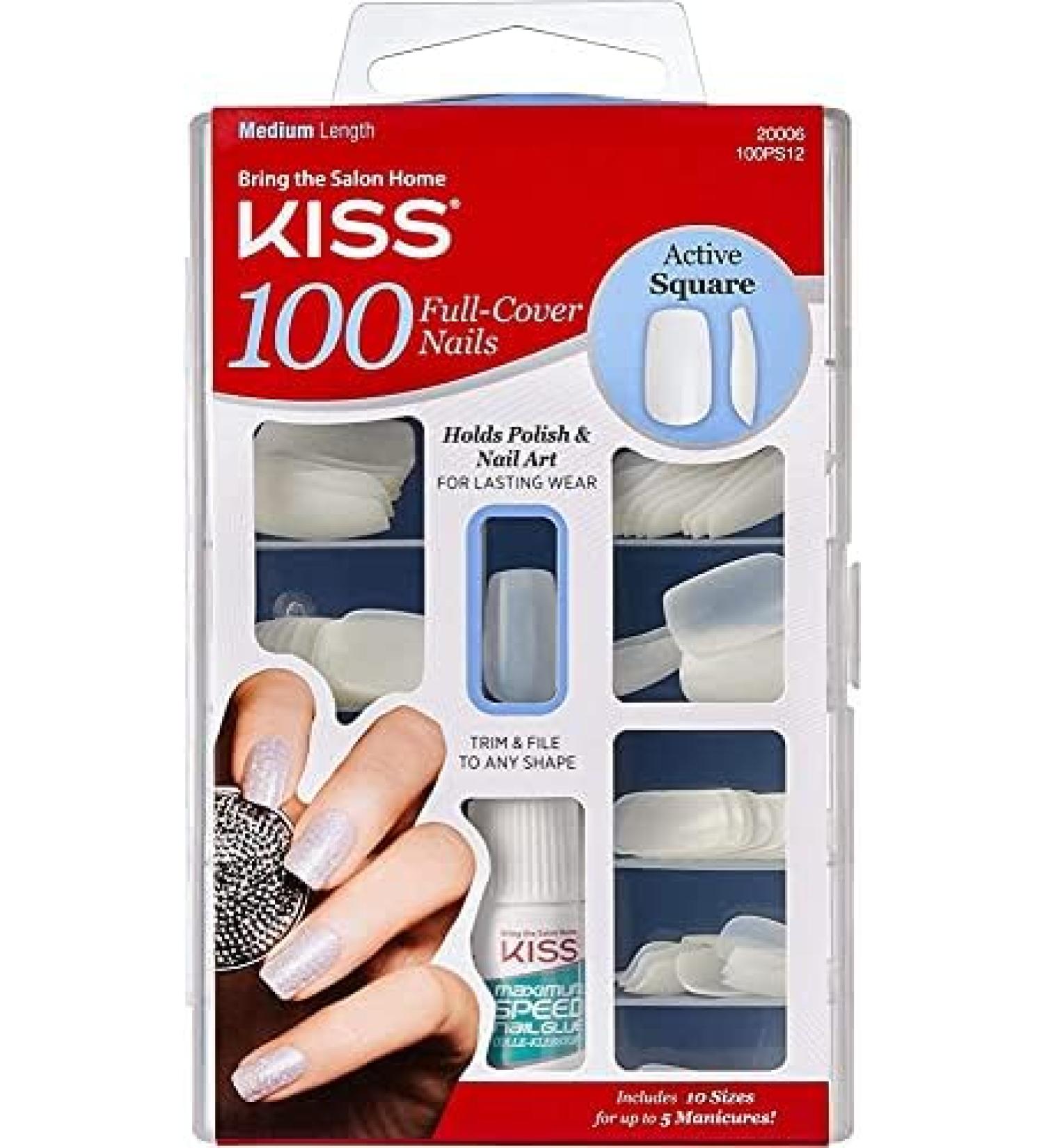 KISS 200 Full-Cover Medium Length Active Square Fake Nails Kit with Nail Glue - 101 Count - Buy Online on GoSupps.com