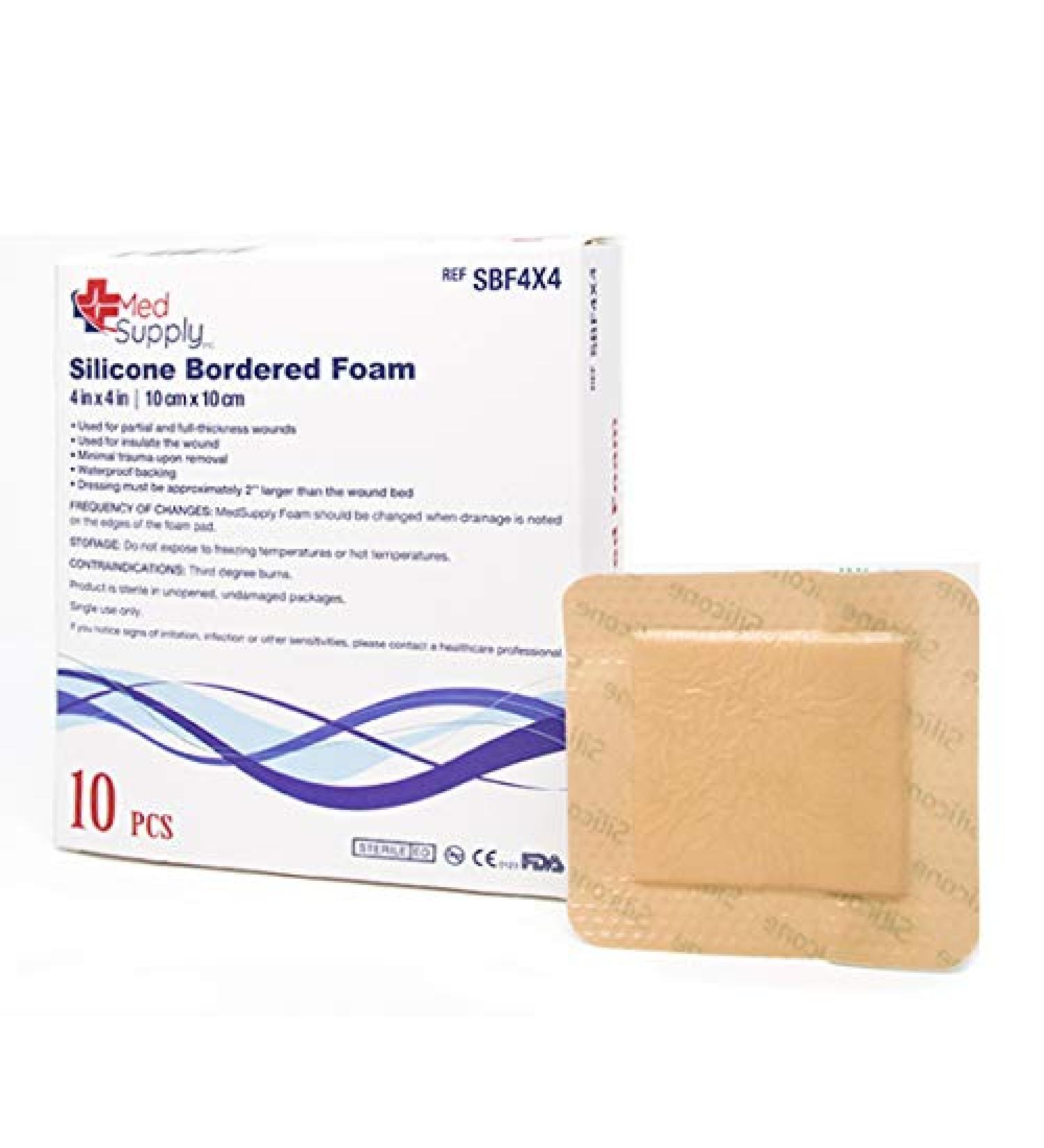 Medical Grade Premium MedSupply Silicone Bordered Foam Dressing. (4'' x 4'') Box of 10