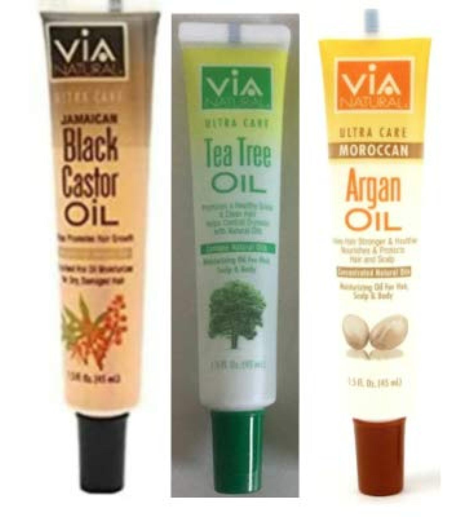 VIA NATURAL Ultra Care Jamaican Black Castor Oil Excellent Hot Oil Mositurizer Tea Tree & Argan Oil For Hair Scalp & Body Bundle (1.5 fl.oz Each) Pack of 3