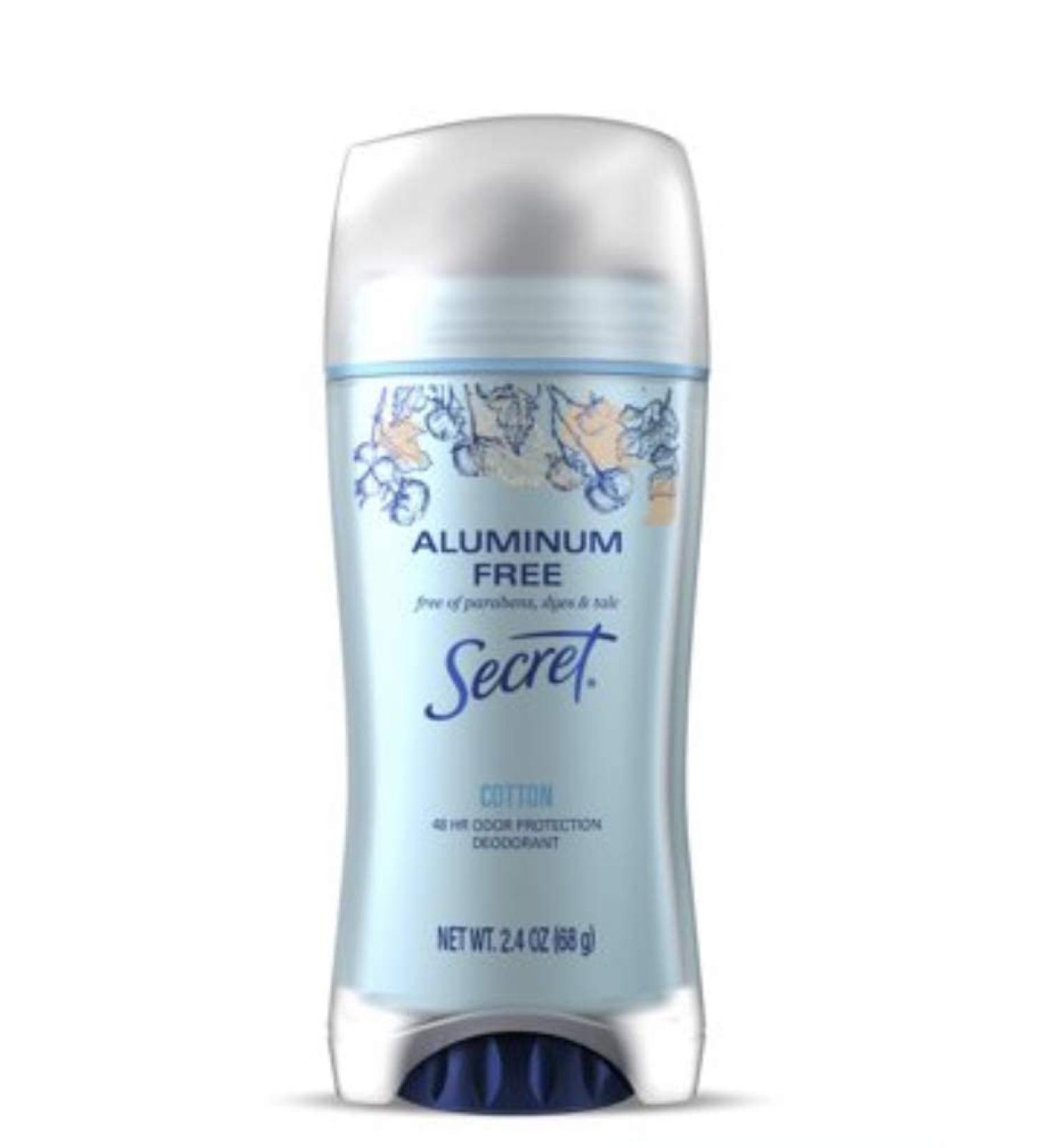 Secret Aluminum Free Deodorant Cotton  2.4 oz (68g) Free of Parabens  Dyes and Talc  48 Hour Odor Protection  Fights Odor  Feels Clean.