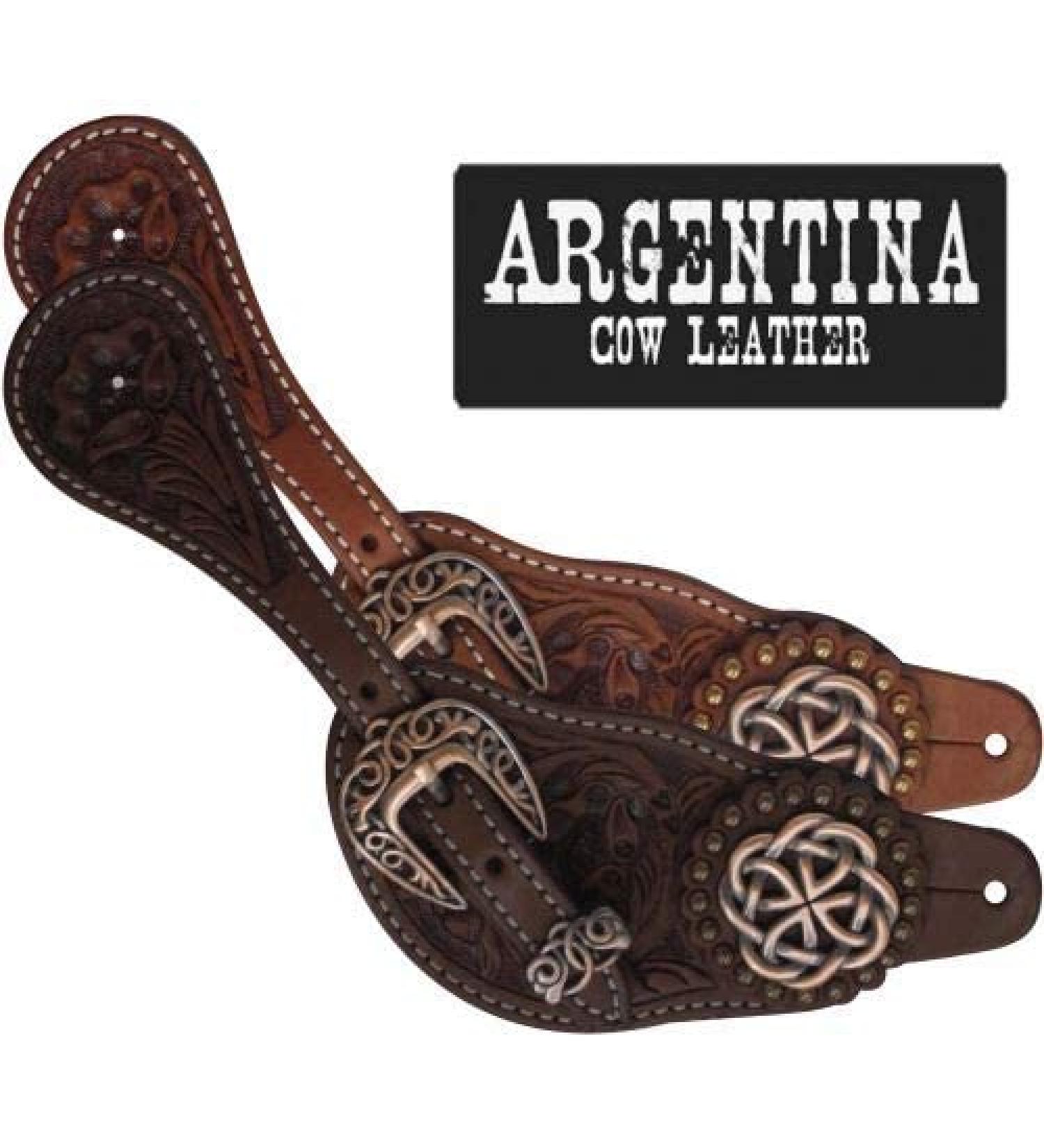 Showman Ladies Argentina Cow Leather Celtic Knot Spur Straps - Dark Brown - Buy Online on GoSupps.com