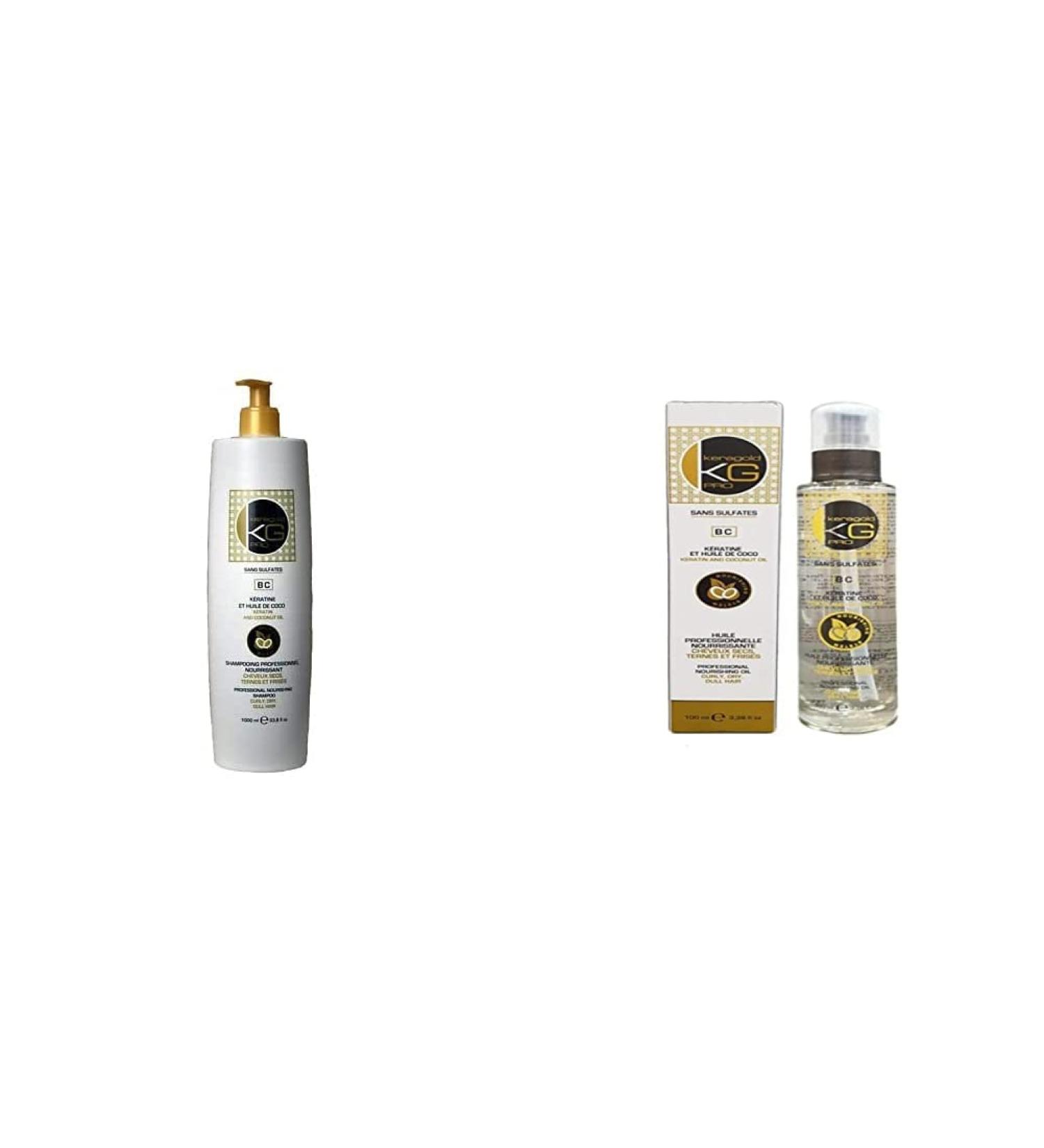 KERAGOLD PRO Shampoing pour Cheveux Secs Ternes/Fris s sans Sulfates. 1000 ml & KeraGold PRO Huile Professionnelle Nourrissante Base de Keratine/Huile de Coco sans Sulfates 100 ml