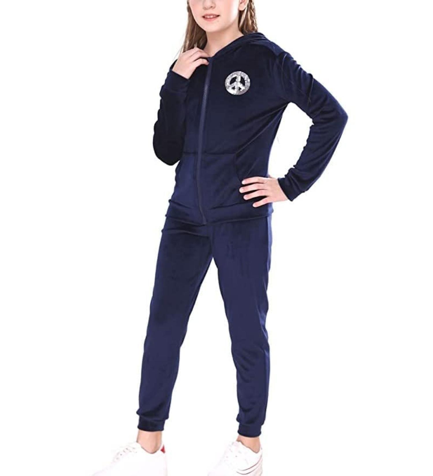 V.&GRIN Girls Tracksuit Set - Velour Zip Up Hoodie and Sweatpants - Navy, 10-12 Years - Buy Online on GoSupps.com