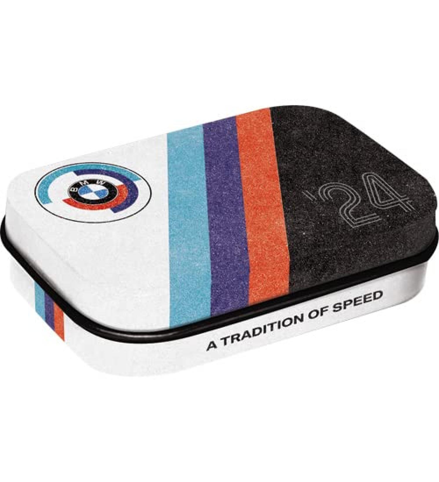 Nostalgic-Art Retro Pillendose 4 x 6 x 1.6 cm original license product (OLP) BMW Motorsport-Tradition of Speed-Gift idea for BMW Accessories fans with peppermint drage vintage design