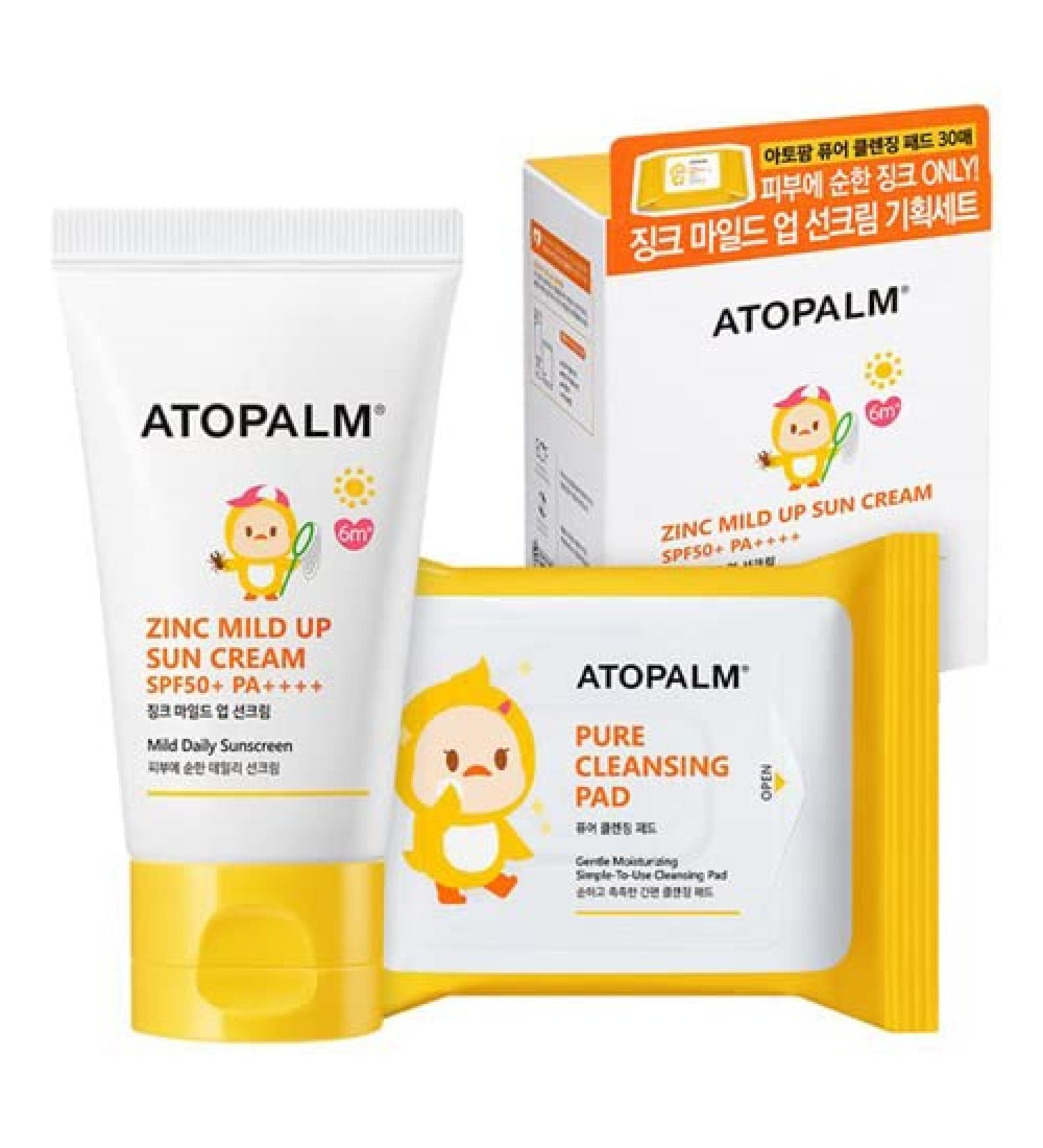 ATOPALM Zinc Mild Up Sun Cream SPF50+ with Cleansing Pads 65g | Korean Mineral Sun Protection & Moisturizing for Dry Skin - Buy Online on GoSupps.com