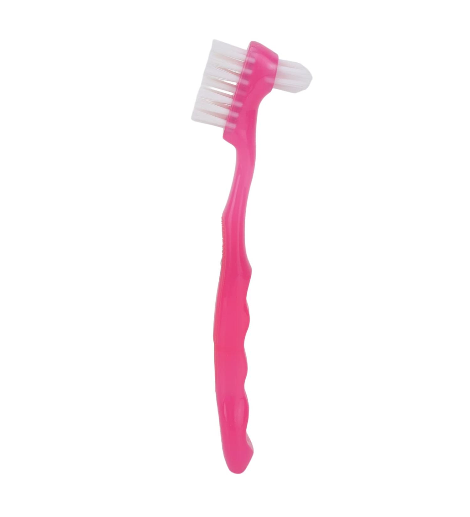 Denture Toothbrush - Double Sided Soft Bristles for Gentle Plaque and Dirt Removal - Ergonomic and Portable Design - Pink - Buy Online on GoSupps.com